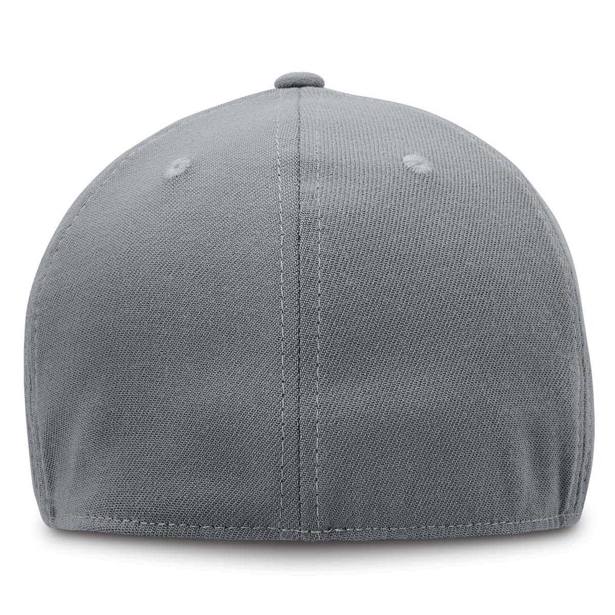 A grey cap with a smooth fabric finish and a rounded back, featuring stitching details and a logo.
