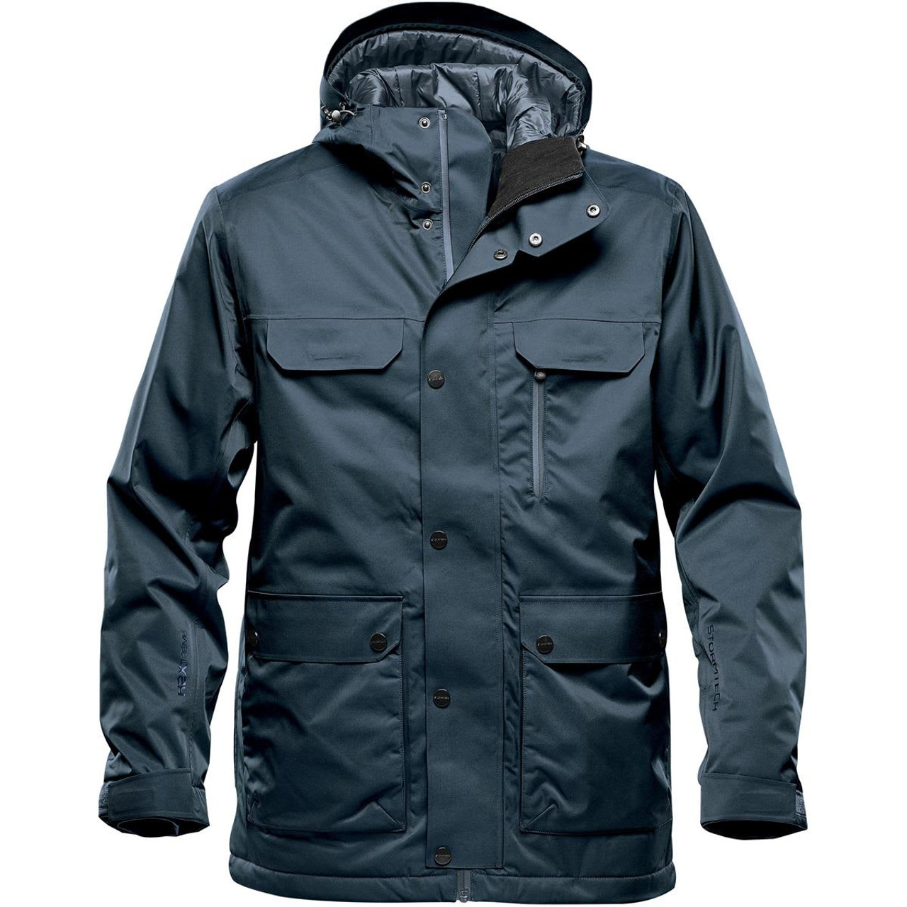 A navy thermal jacket featuring a hood, multiple pockets, and a logo. Ideal for wet weather protection.