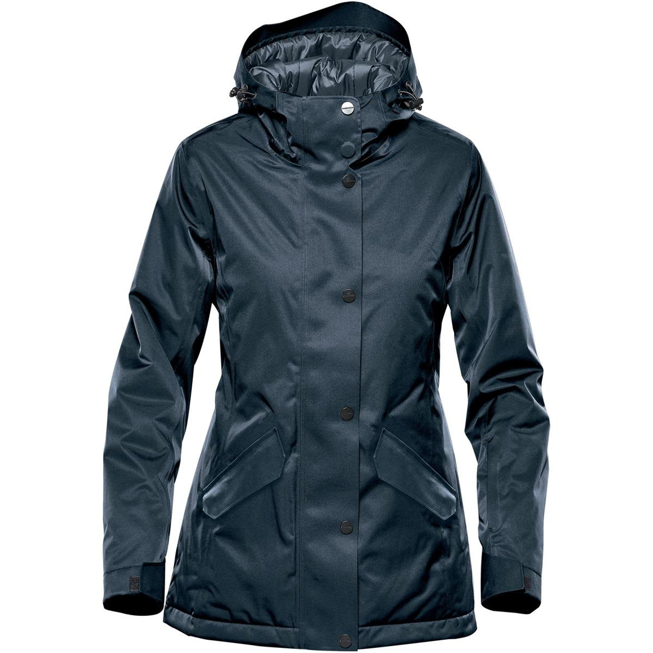 A women's thermal jacket in dark navy with a hood, featuring front pockets and a branded logo.