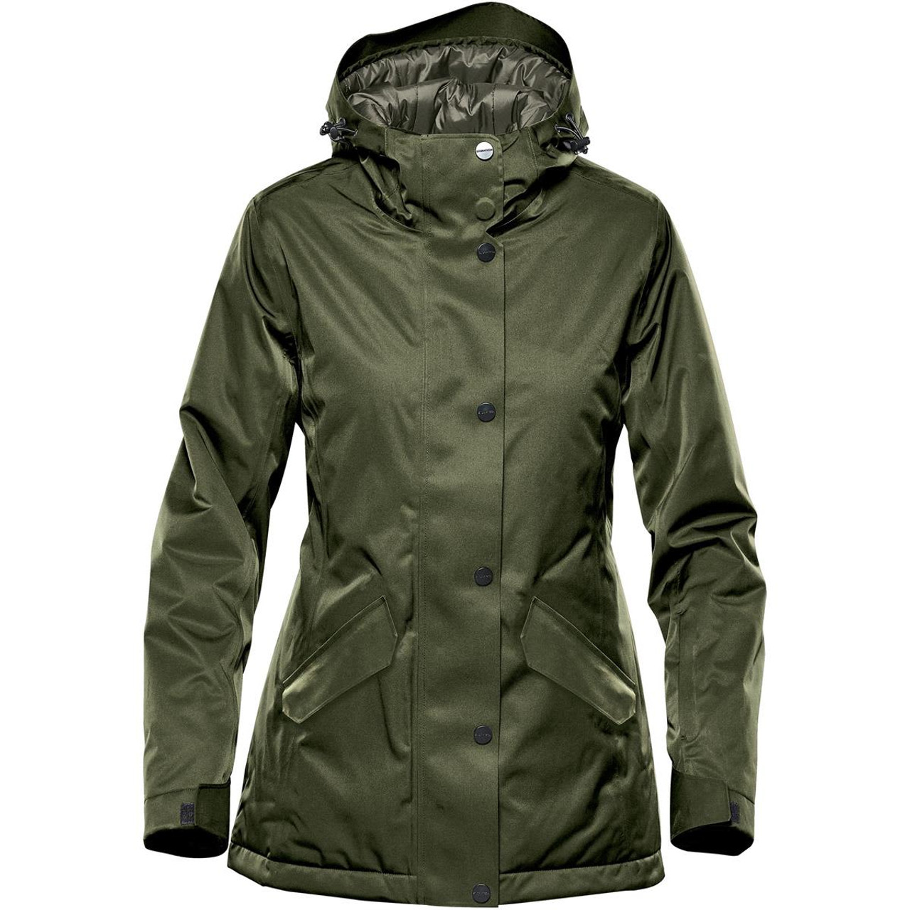 A women's thermal jacket in dark olive green, featuring a hood and front pockets, with a logo present.
