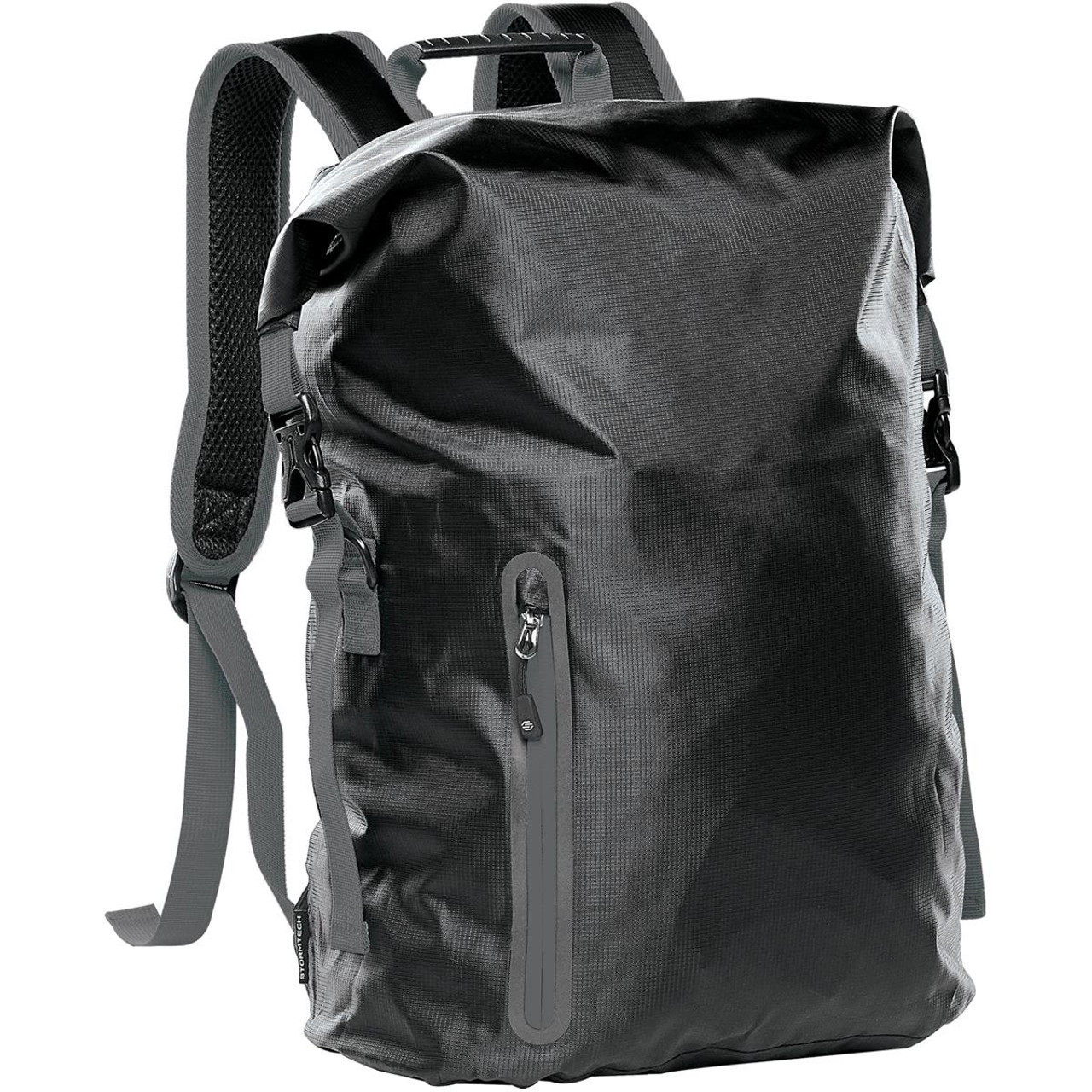 A black waterproof backpack with adjustable straps and a front zip pocket, featuring a logo.