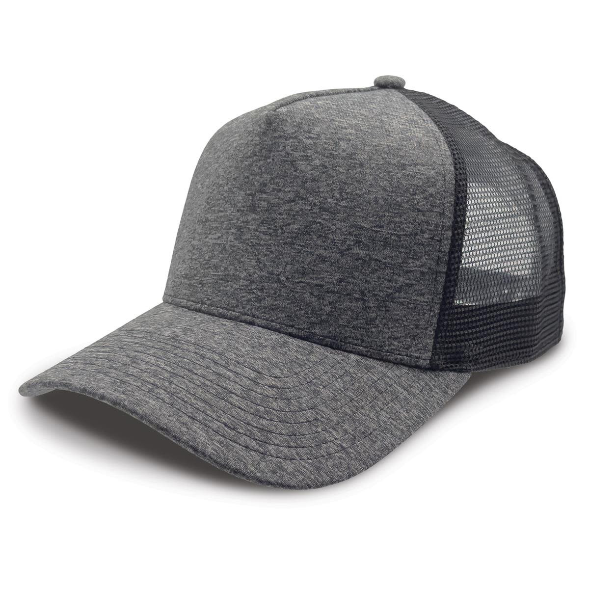 A grey trucker cap featuring a textured front panel and mesh back for breathability. It has a logo on the front.