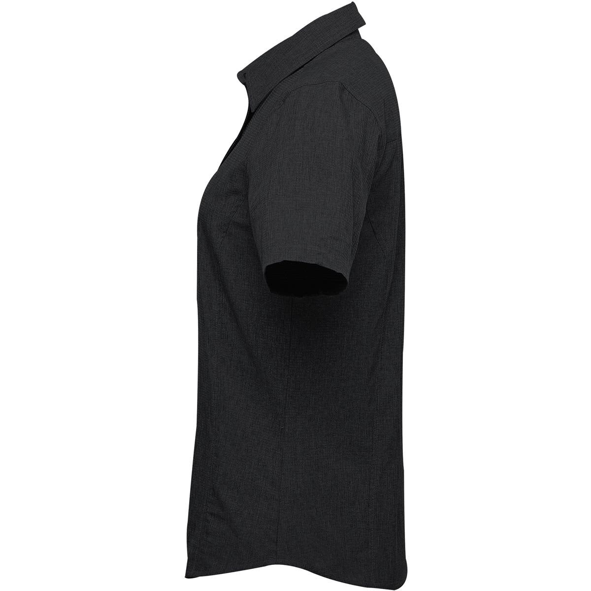 A black women's button-up shirt with a collar and short sleeves. It features a logo on the design.
