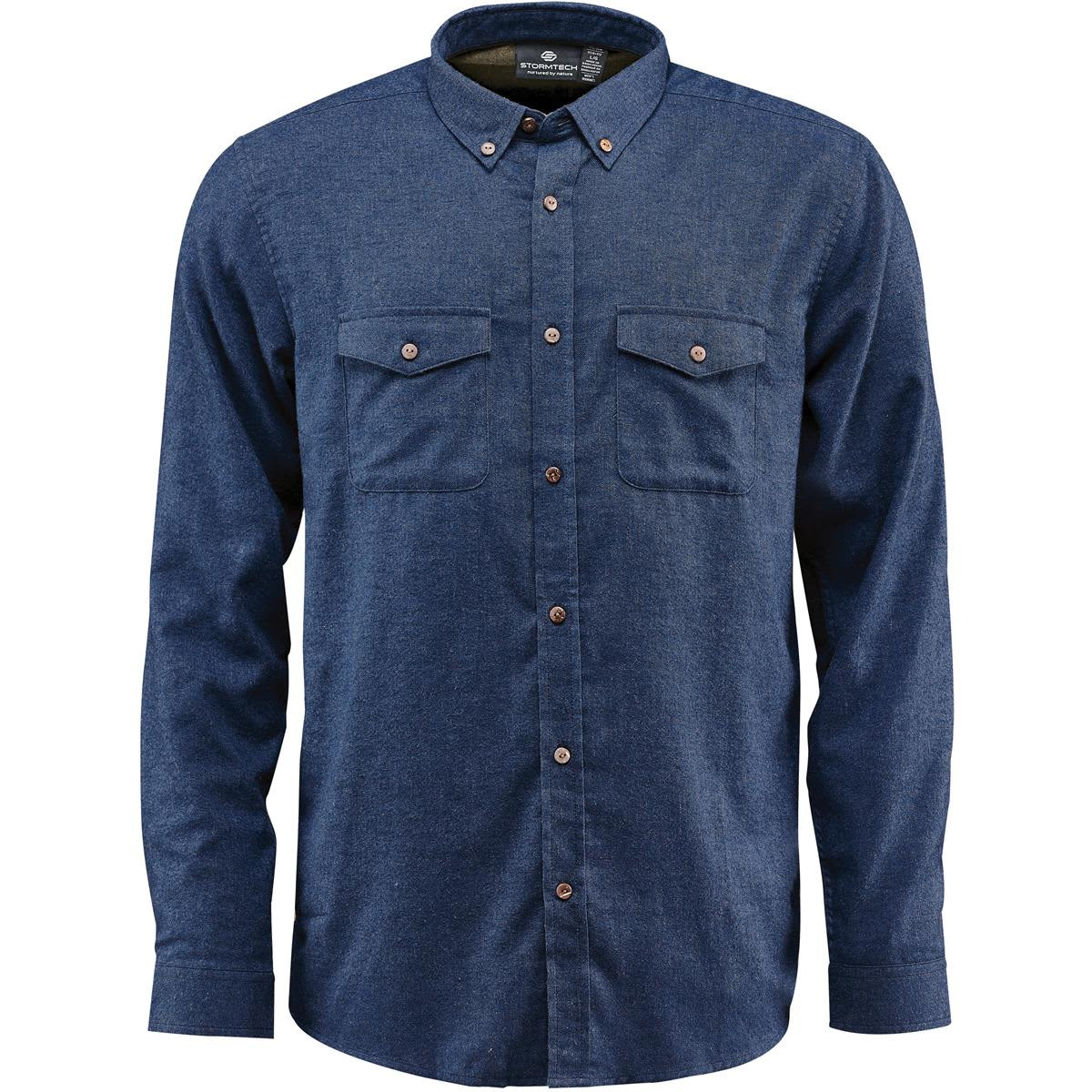 A men's long-sleeve button-up shirt in dark blue with two chest pockets and a branded logo.