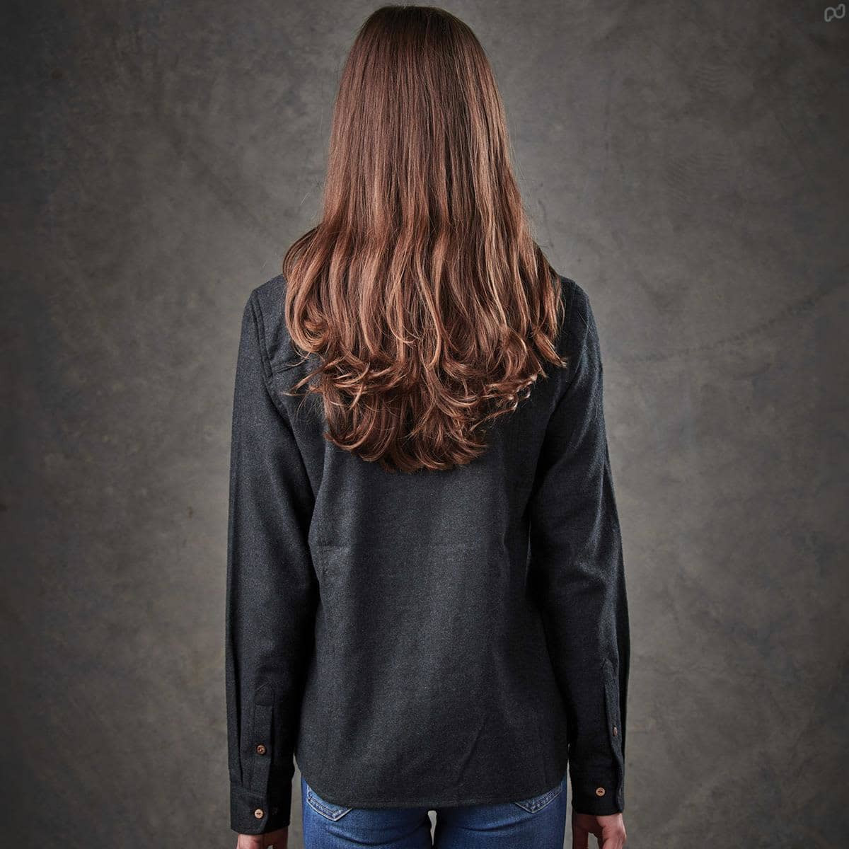 A women's long-sleeve button-up shirt in dark grey, featuring a relaxed fit and a back view with flowing hair.