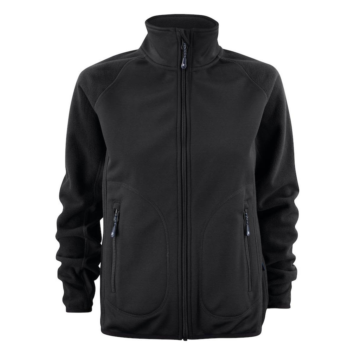 A black softshell fleece hybrid jacket with a zip front and two side pockets, featuring a logo on the chest.
