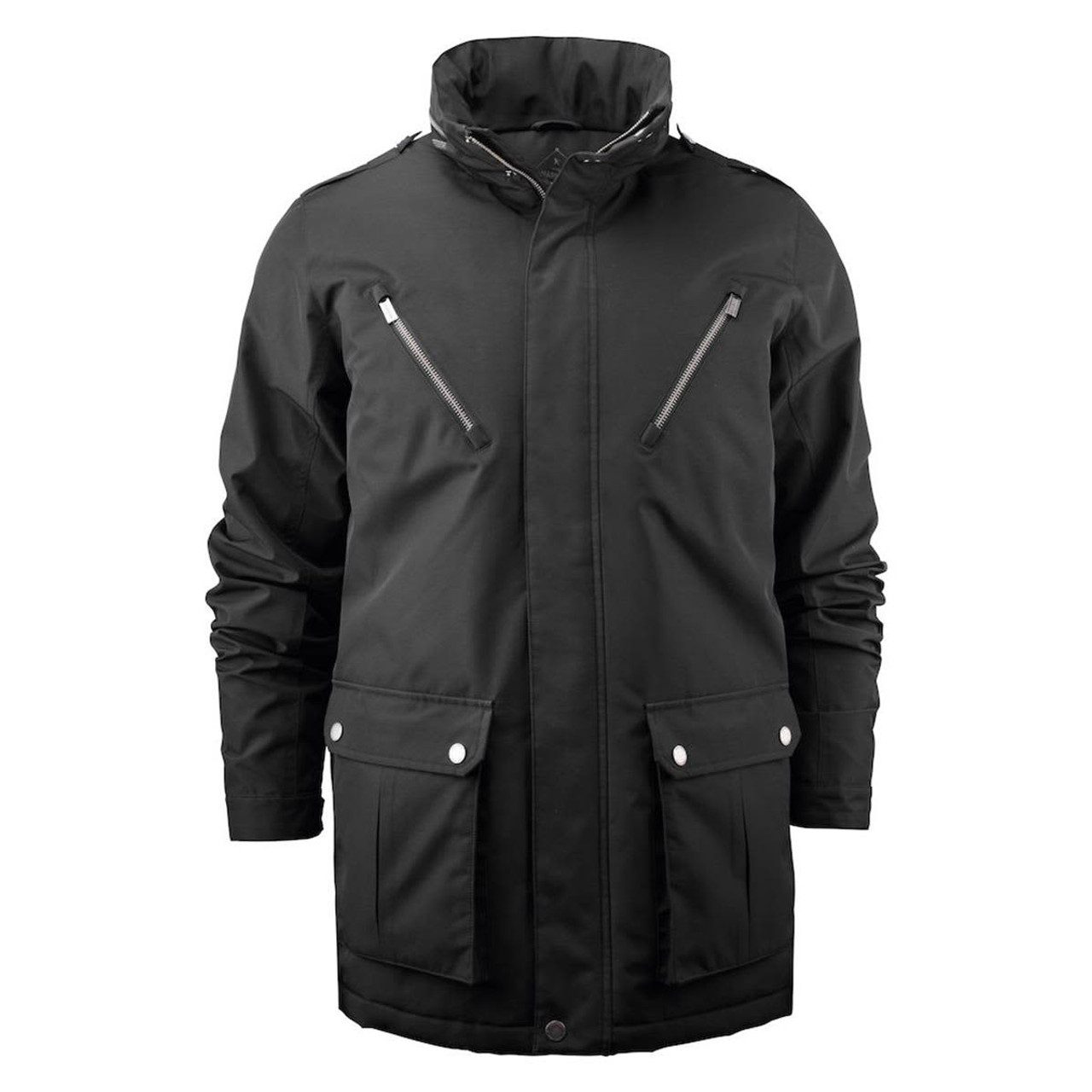 A black men's business coat featuring zippered pockets and a high collar, complete with an emblem.