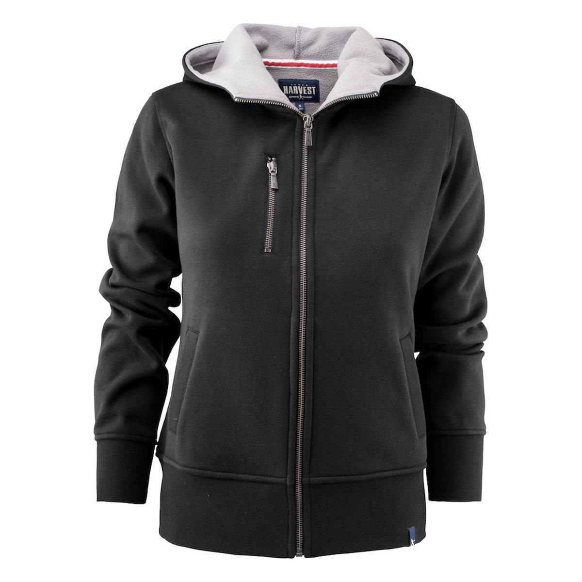 A black women's hoody with a grey interior, featuring a front zip and two side pockets. It has a logo on the chest.