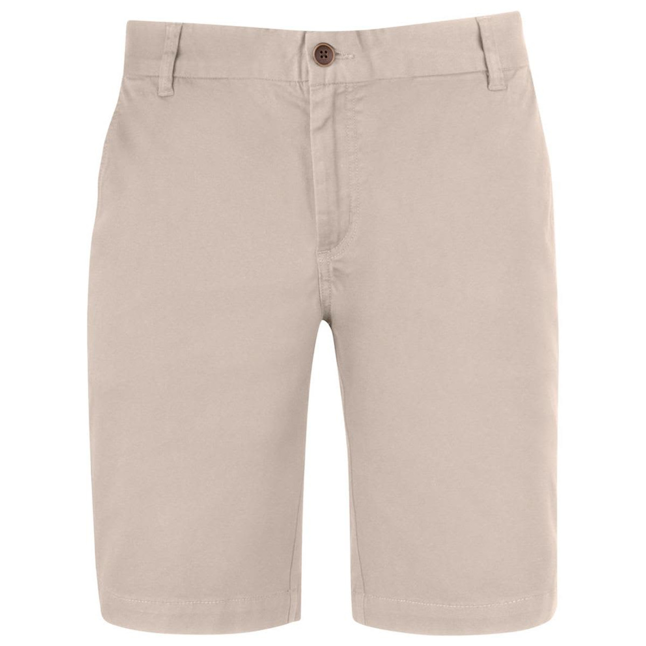 Beige dress shorts with a flat front, button closure, and a logo on the waistband.