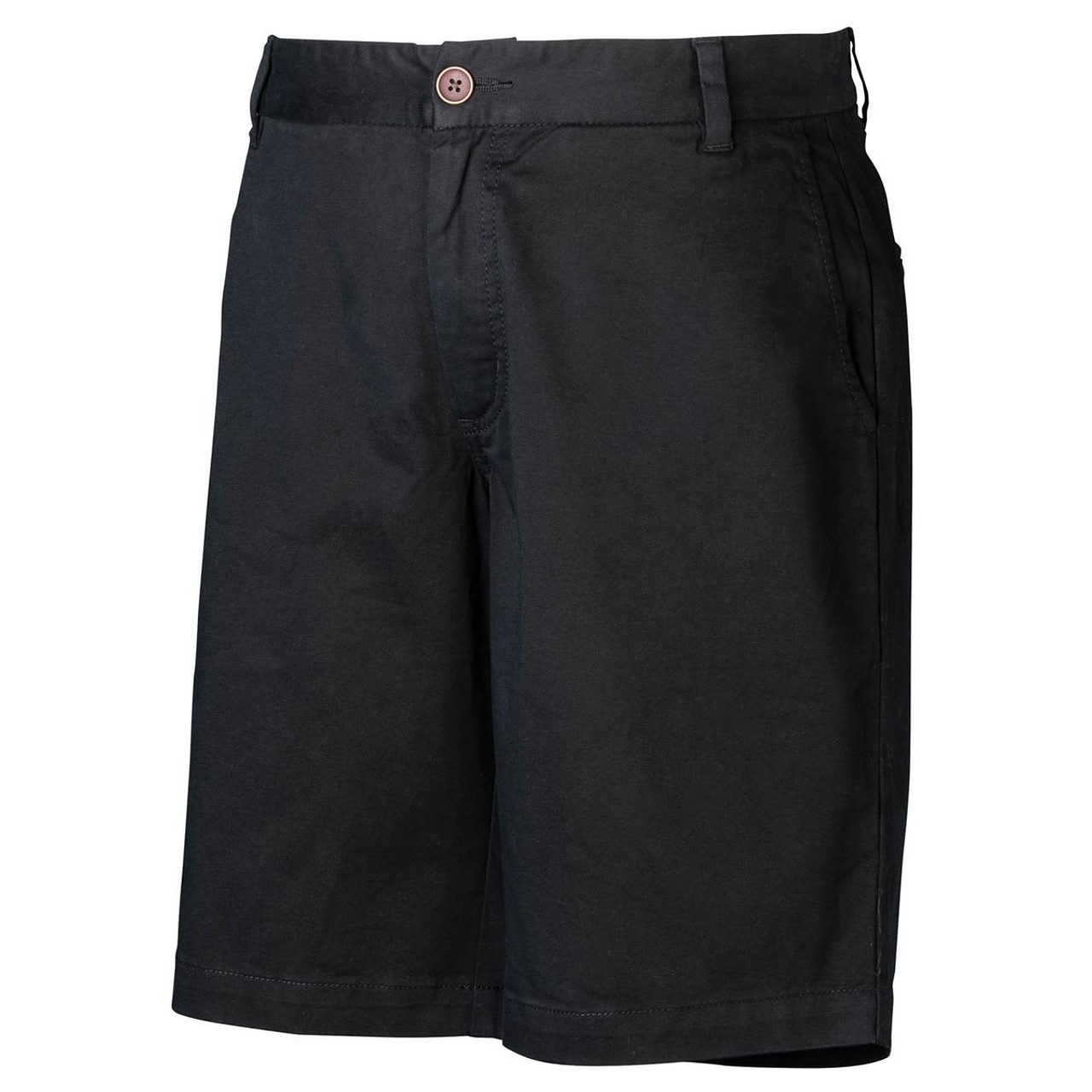A pair of black dress shorts featuring a button closure and pockets, with a branding logo on the waistband.