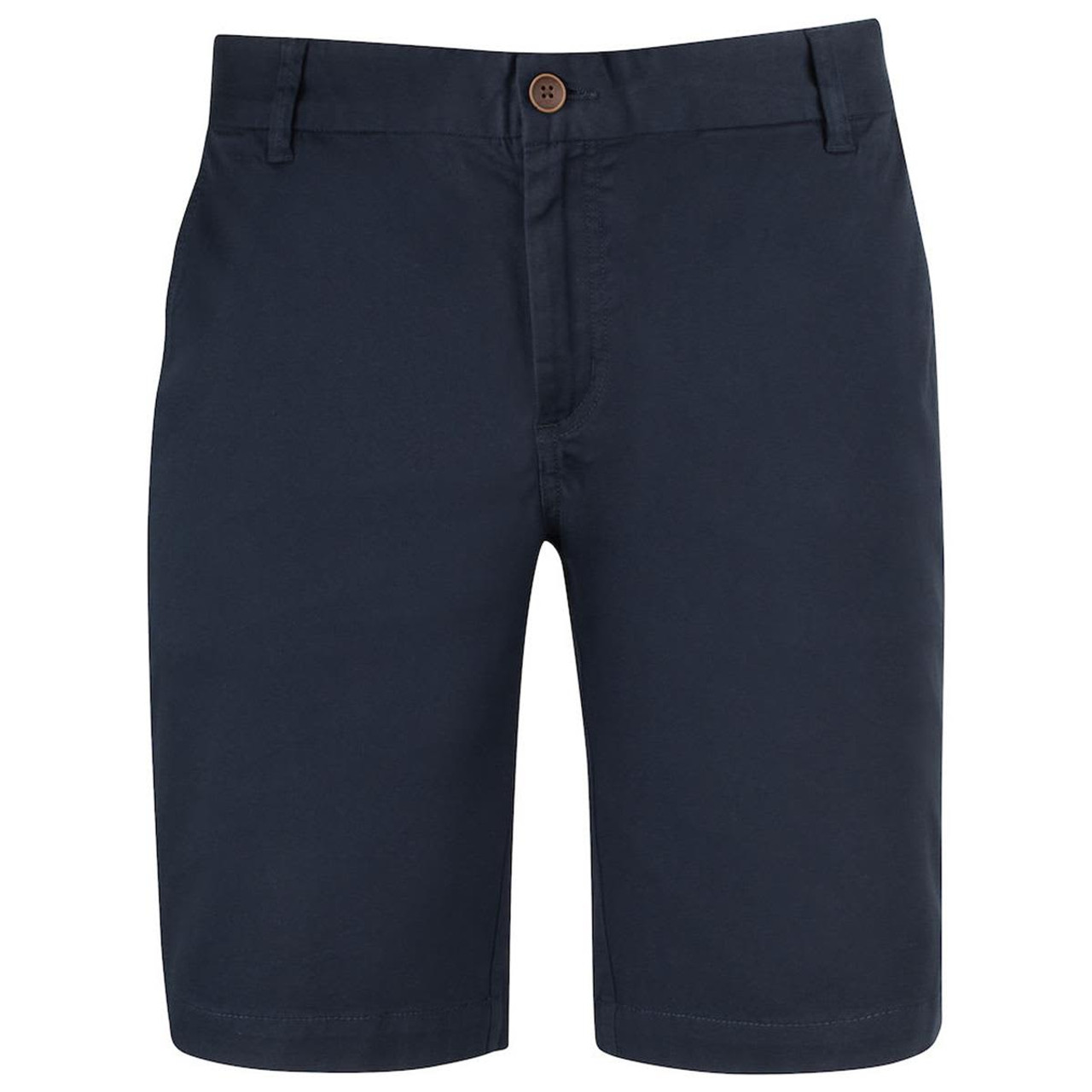 Navy men's dress shorts with a button closure and classic design, featuring a logo on the waistband.