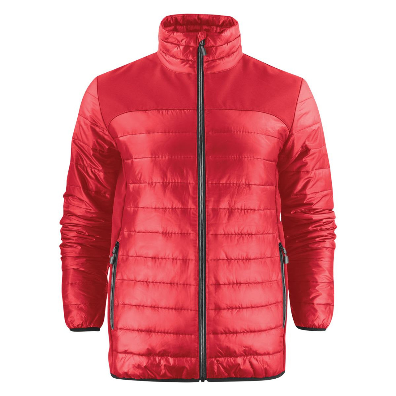 A red unisex lightweight jacket with a zippered front and side pockets. It features a logo on the chest.