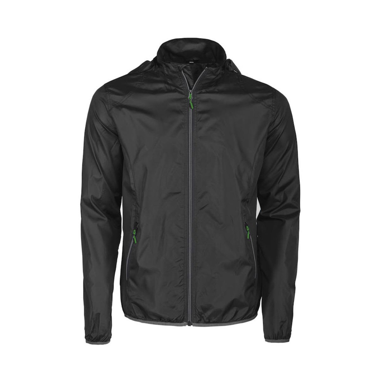 A lightweight unisex jacket in black with green zipper accents and pockets. It features a hood and a logo.