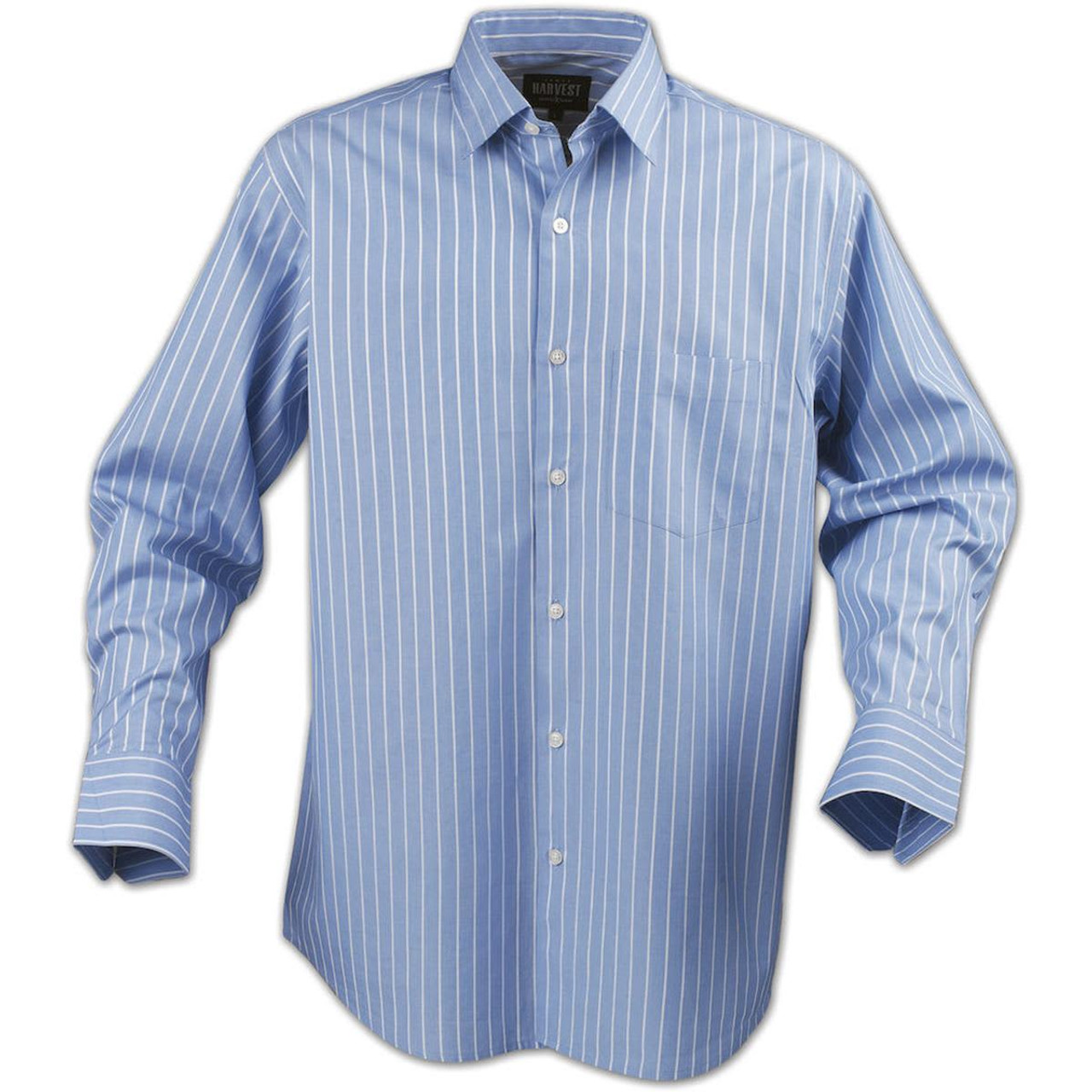 A blue and white striped button-up shirt with long sleeves and a chest pocket, featuring a brand logo.