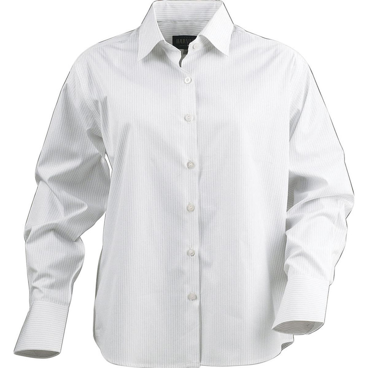 A white button-up blouse with light grey stripes and a collar, featuring an oversized fit and long sleeves.