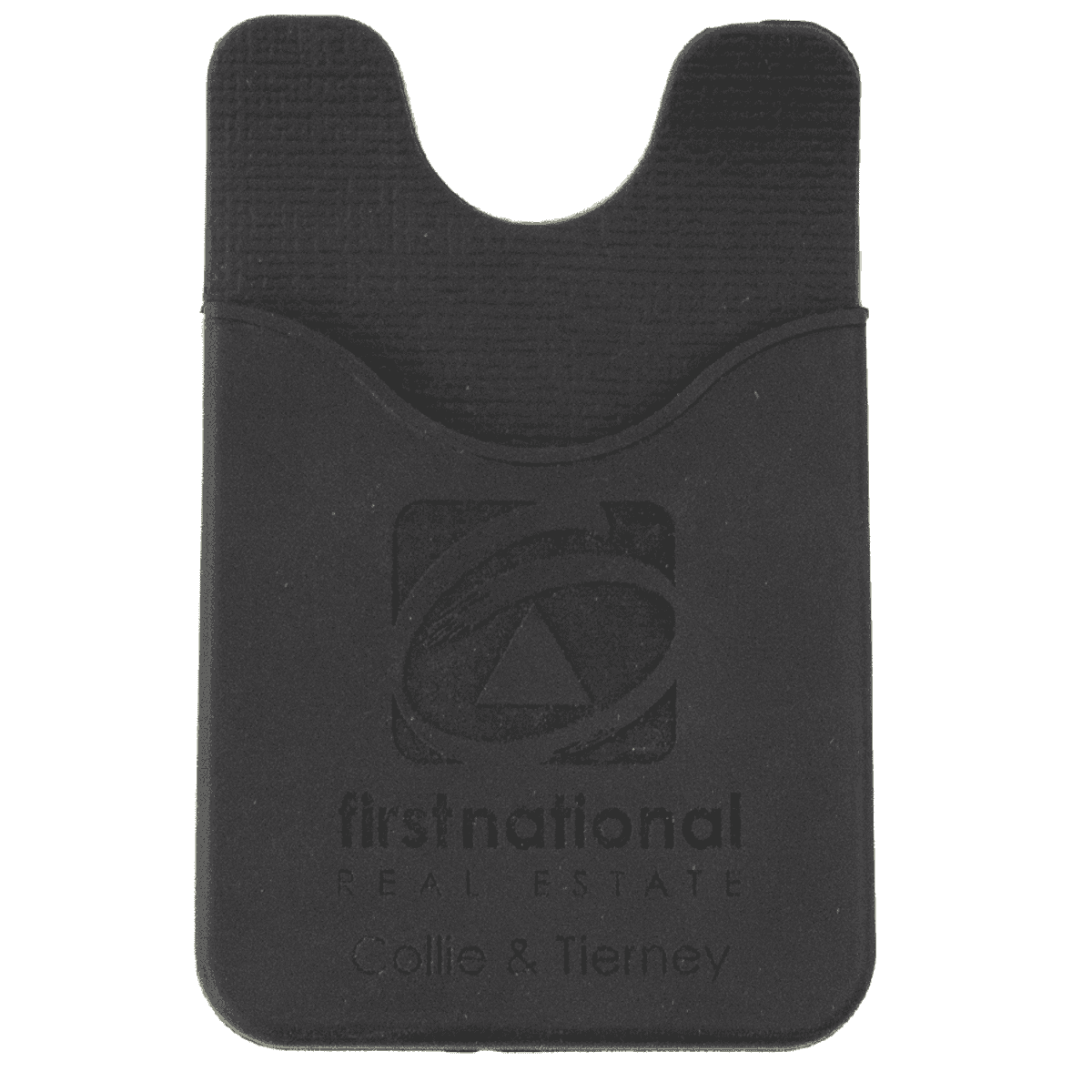 A black phone wallet featuring a curved top and an embossed logo. Ideal for holding cards and cash.