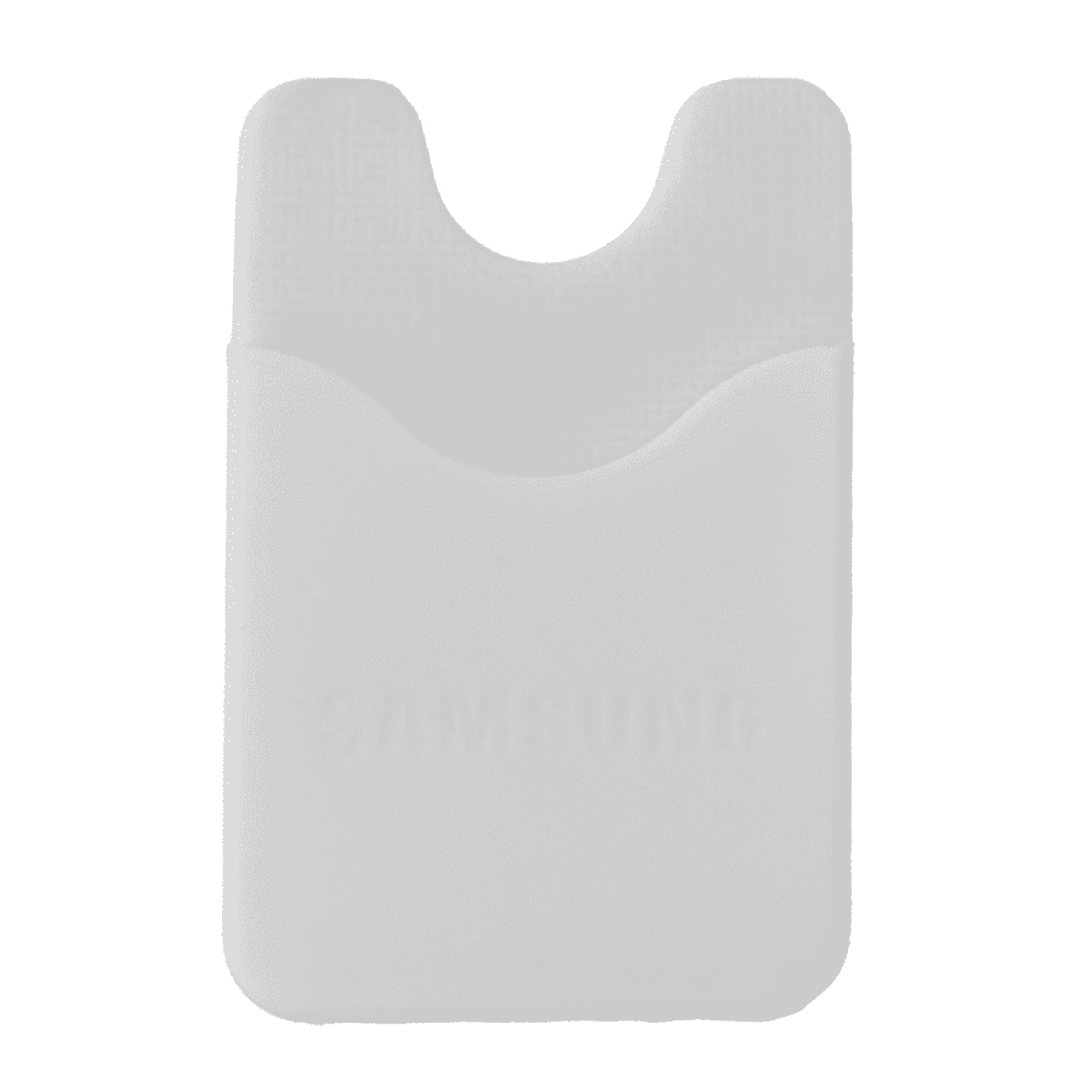 A sleek white phone wallet with a pocket designed for cards; features a brand logo on the front.