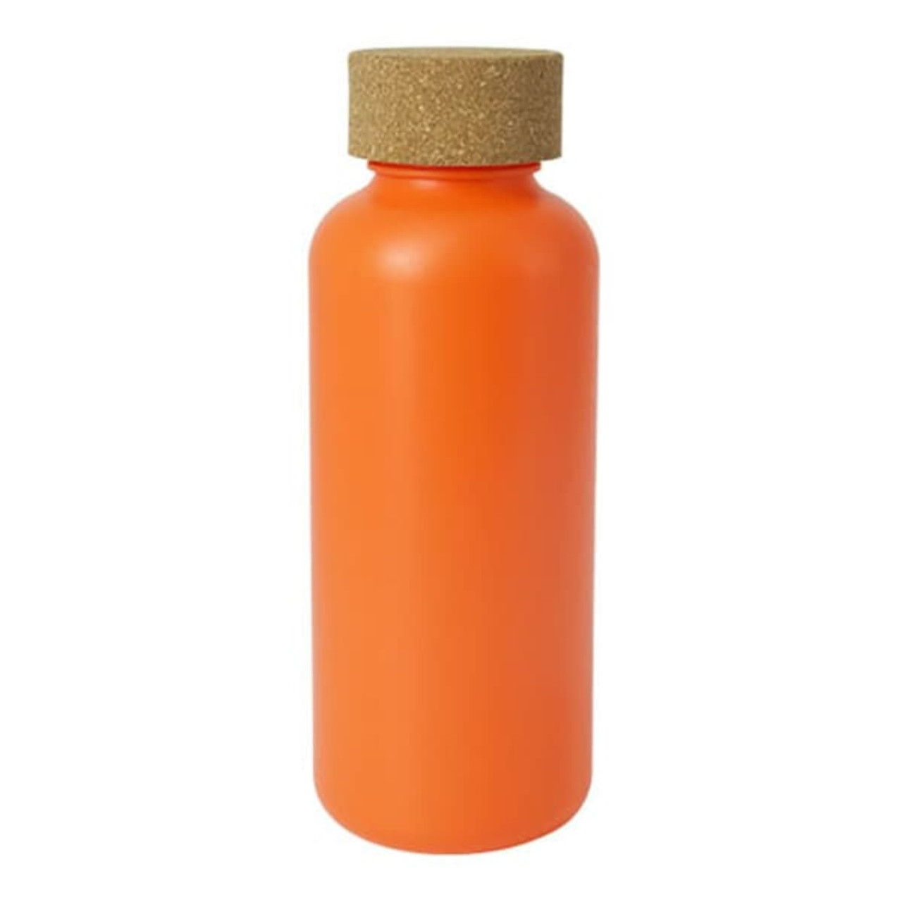A drink bottle in vibrant orange with a cork lid, featuring a smooth, matte finish.