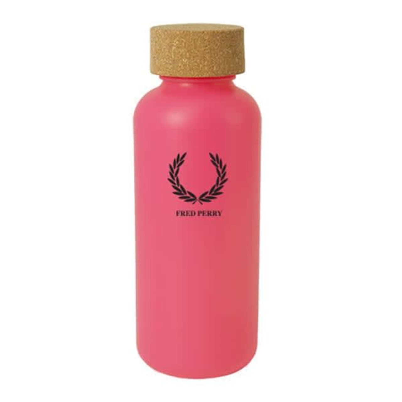 A drink bottle in pink with a cork lid and a logo on the front.