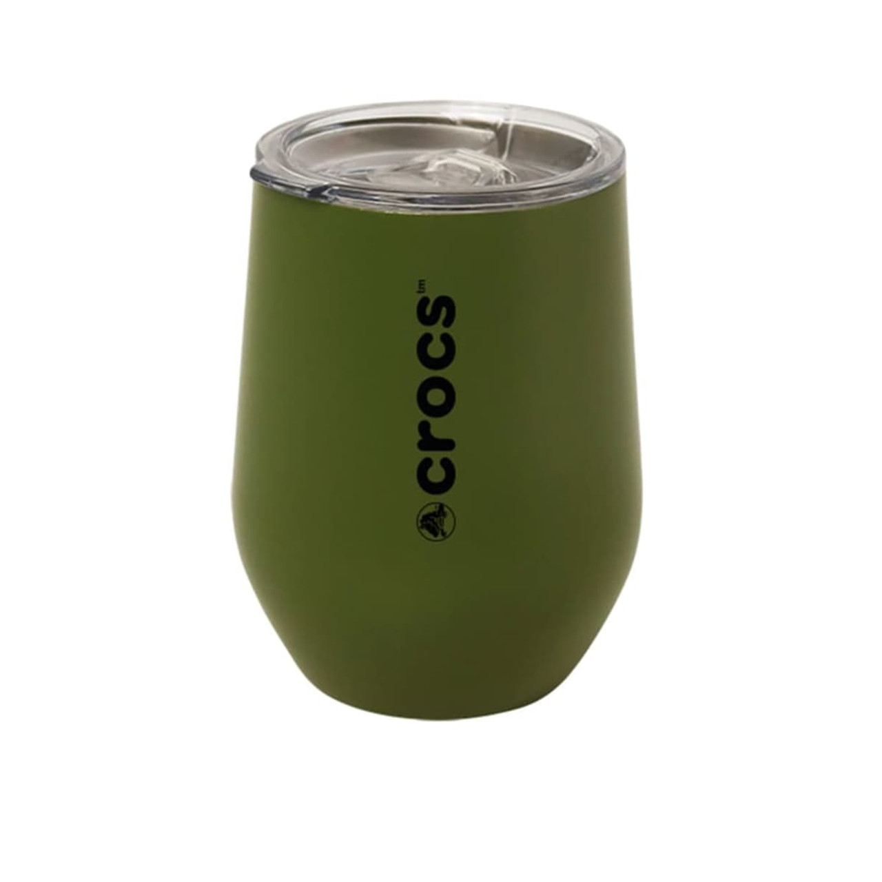 A drink bottle in a matte green finish with a clear lid and a logo. Suitable for beverages.