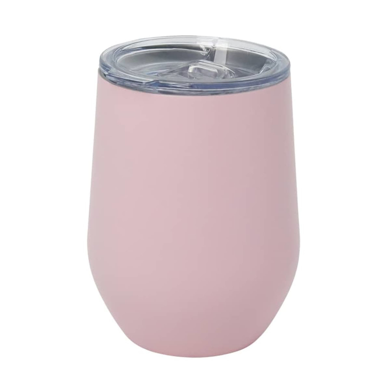 A pink tumbler mug with a clear lid, featuring a sleek, zen mirror finish design.