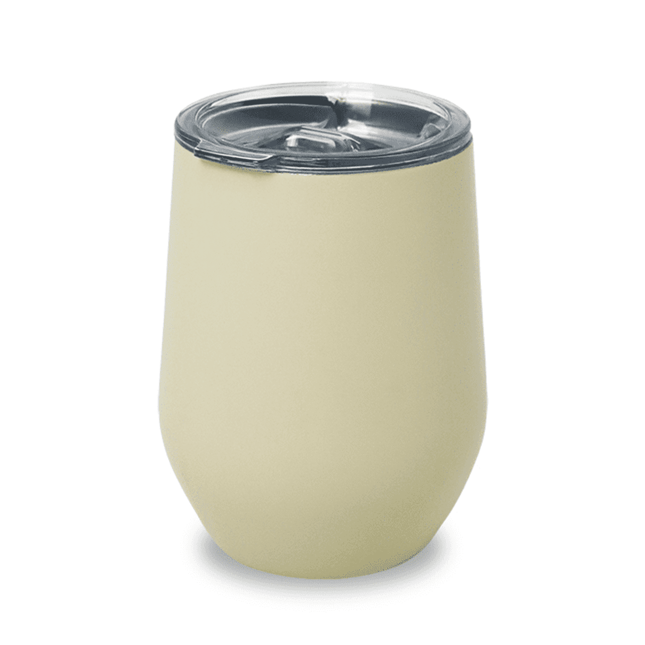 A drink bottle featuring a muted yellow exterior and a clear lid. It has a logo on the surface.