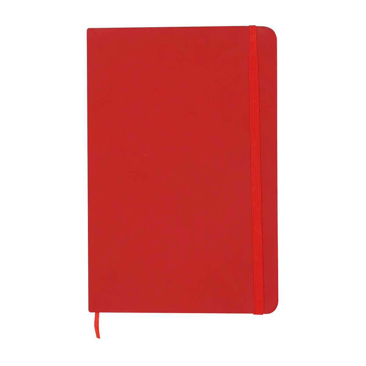 A red A5 notebook with a matching elastic band and a ribbon bookmark. Features a simple, solid cover design.