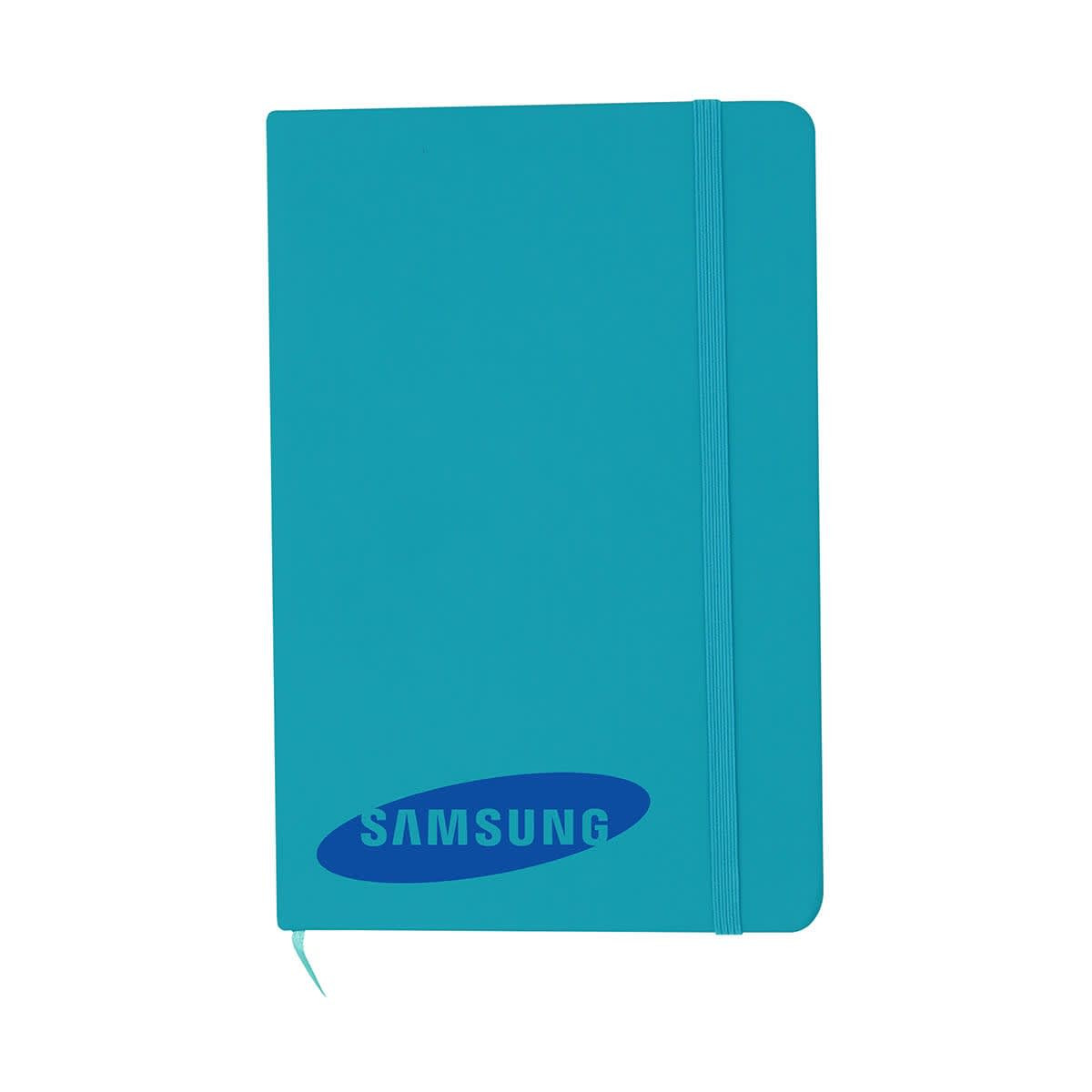 A turquoise A5 notebook with an elastic band closure and a logo on the front cover.