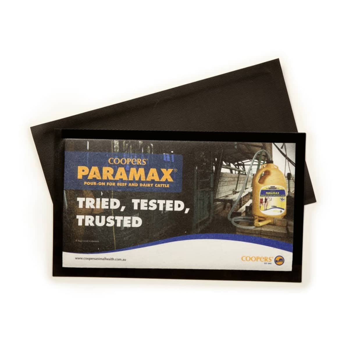 A black bar mat featuring a promotional graphic with a logo and text for a cattle product.