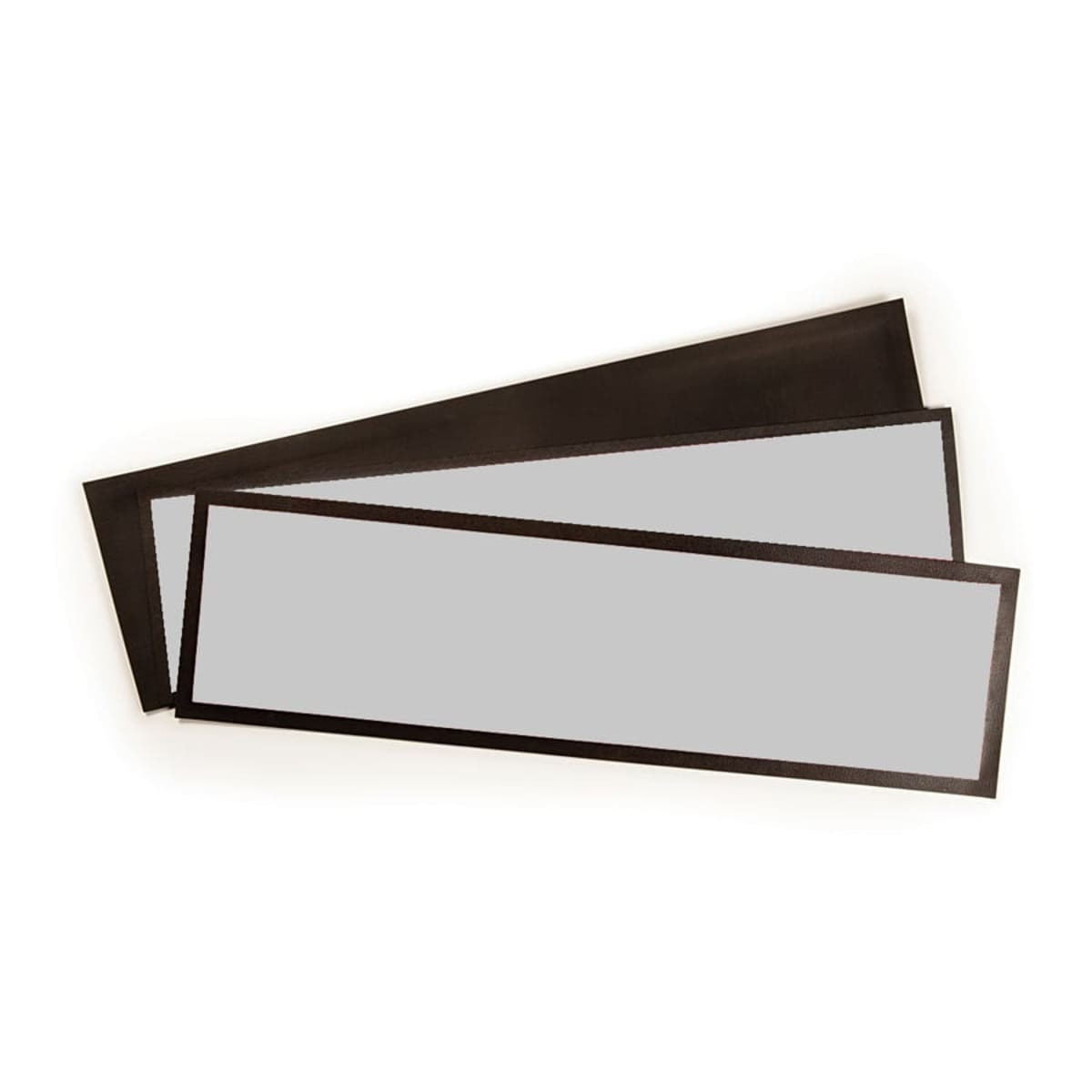 Three rectangular bar runners in black, featuring a grey surface, arranged on a light background.