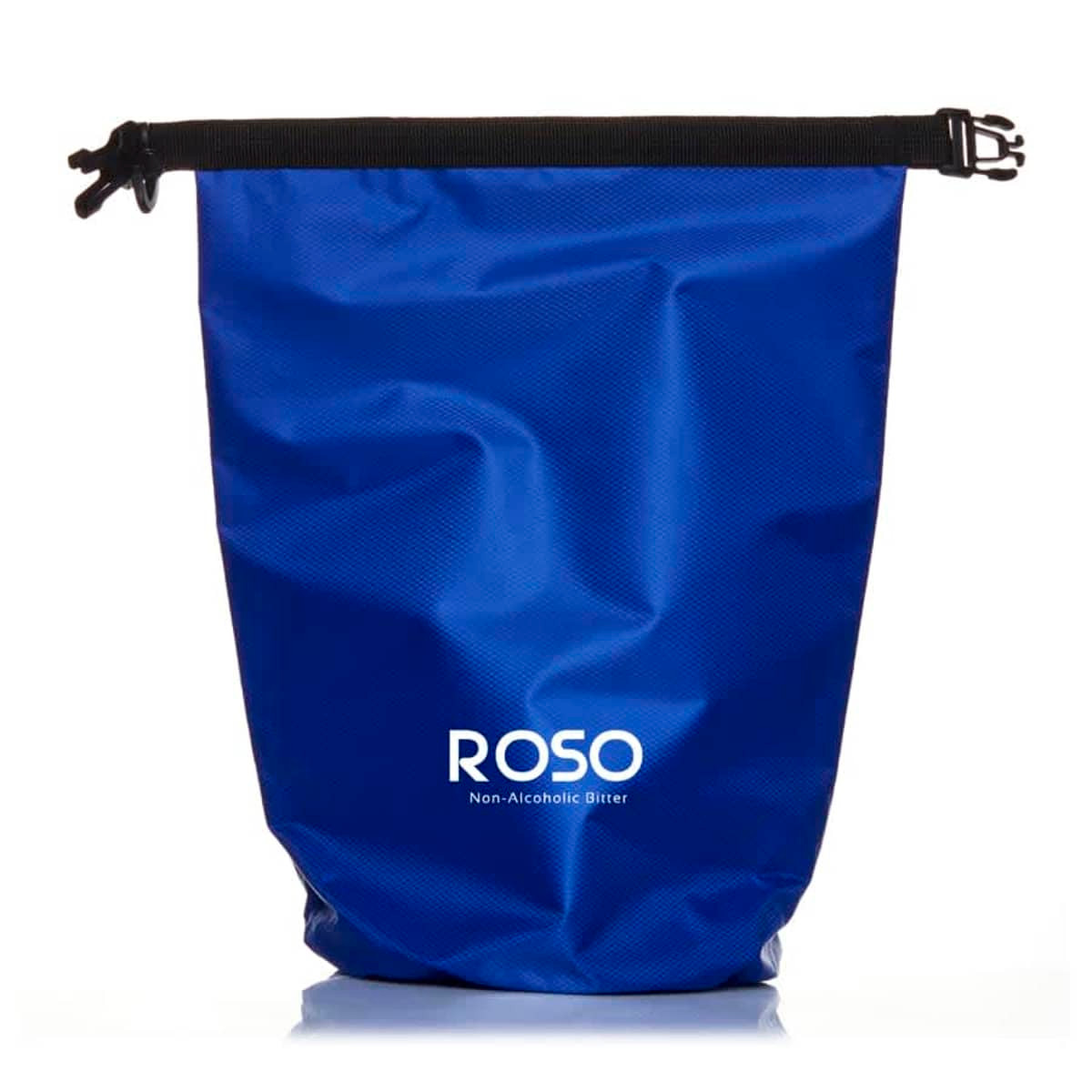A blue 5L dry bag with a black strap and a logo on the front.
