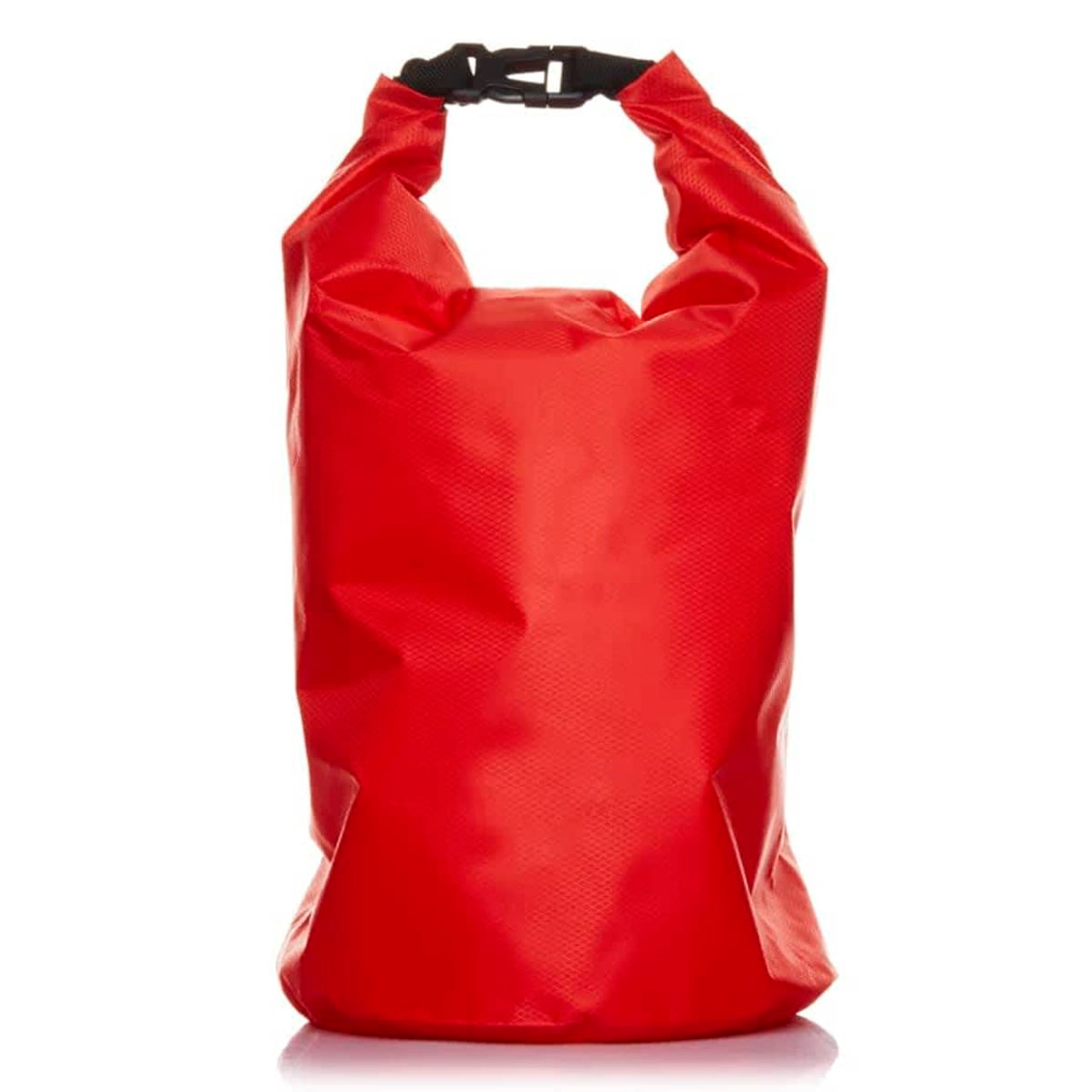 A bright red 10L dry bag with a sturdy clasp at the top, featuring a textured surface and a logo.
