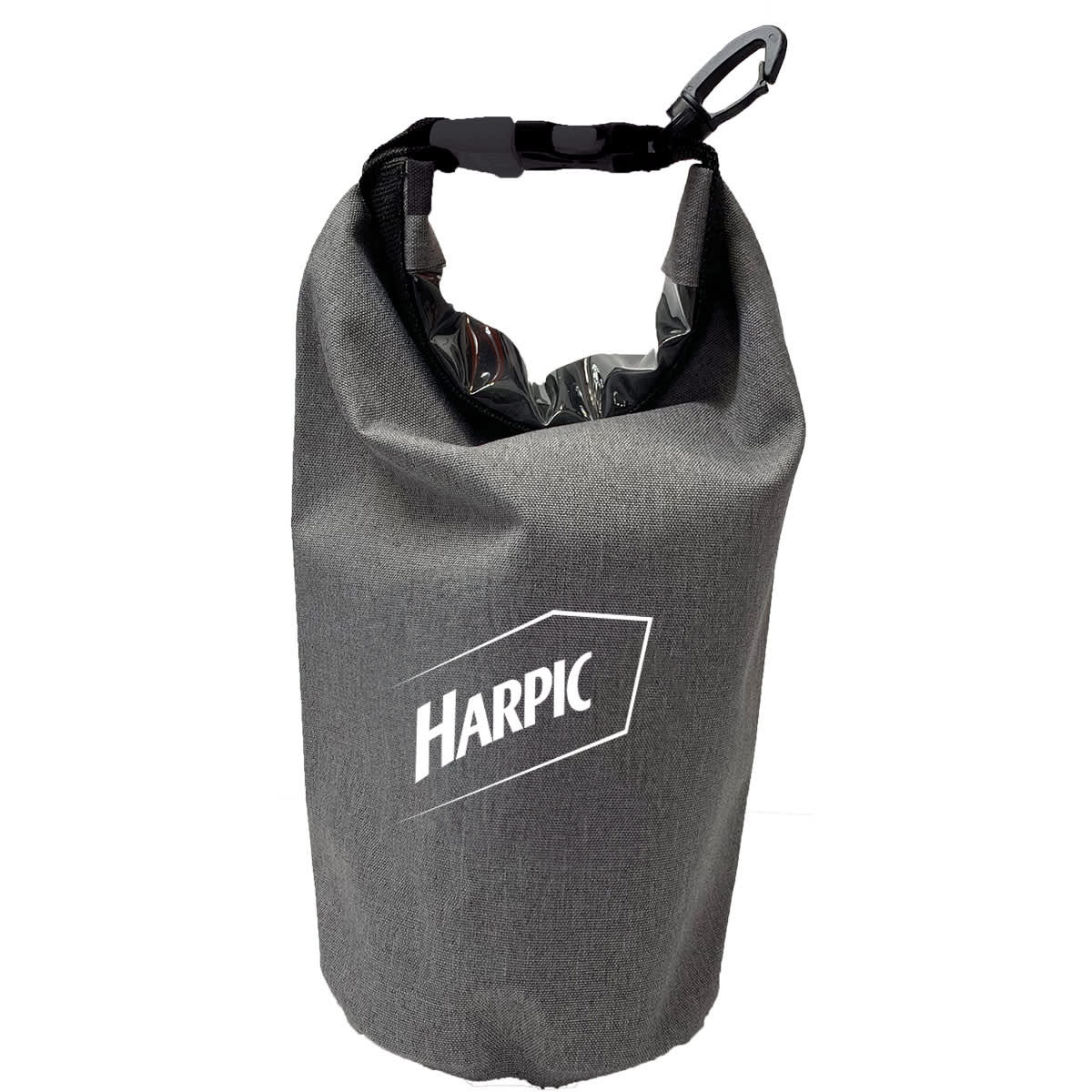A grey 2.5L dry bag with a sturdy handle and a logo. Ideal for keeping items dry and secure.
