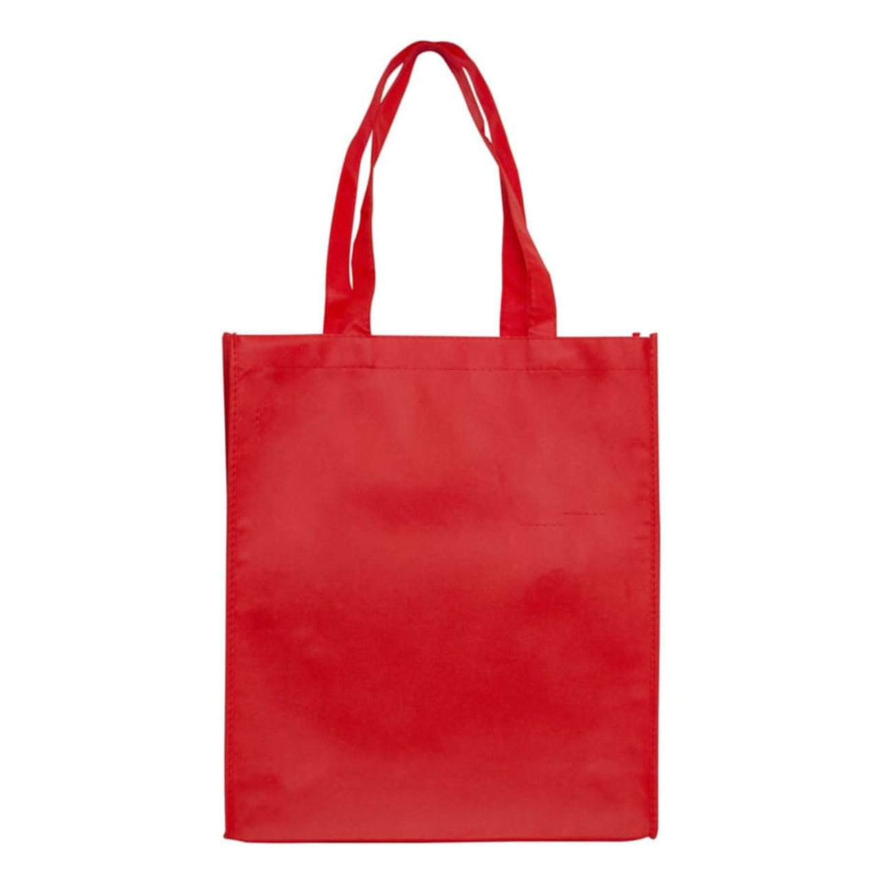 A large red shopping tote bag with a gusset and two handle straps. It features a logo.
