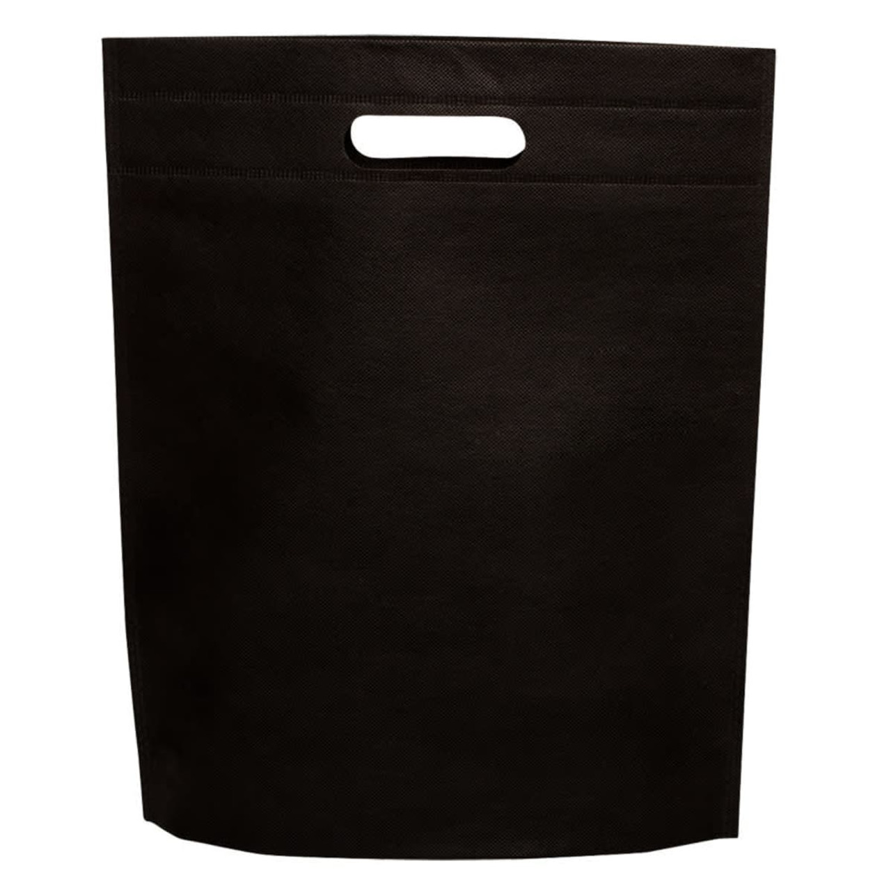 A black non-woven gift bag with a cut-out handle and a simple design. Features a logo. A black non-woven gift bag with a cut-out handle and a simple design. Features a logo.