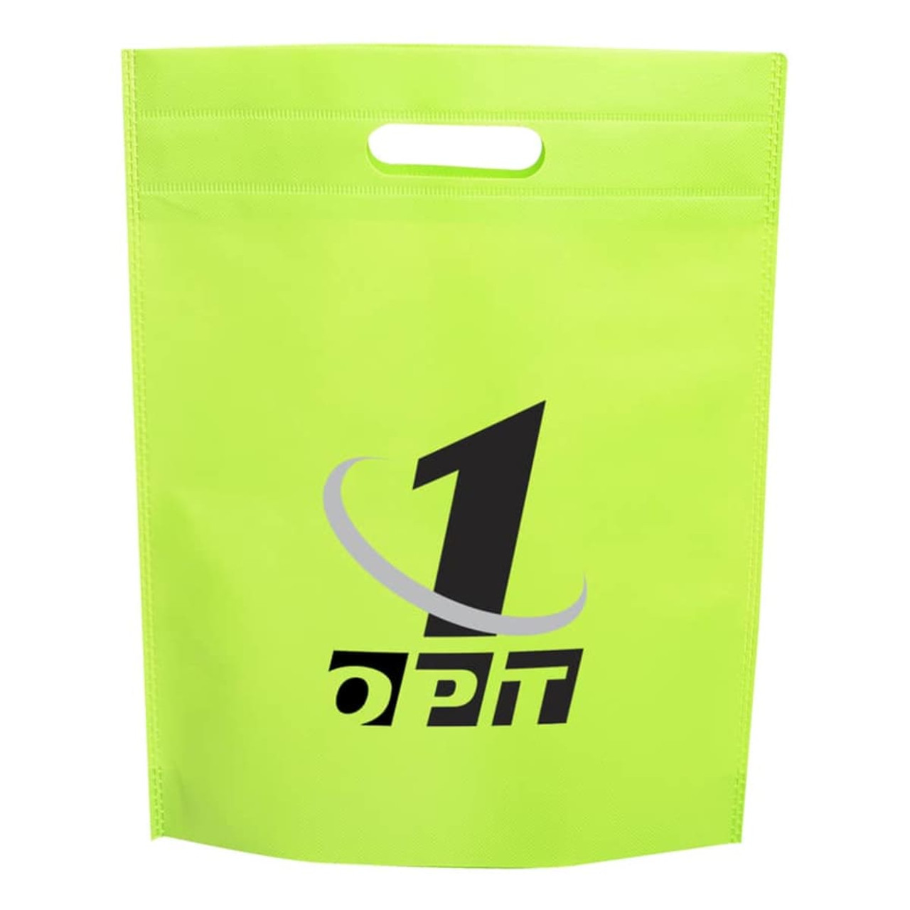 A bright lime green non-woven gift bag featuring a handle and a logo on the front. A bright lime green non-woven gift bag featuring a handle and a logo on the front.