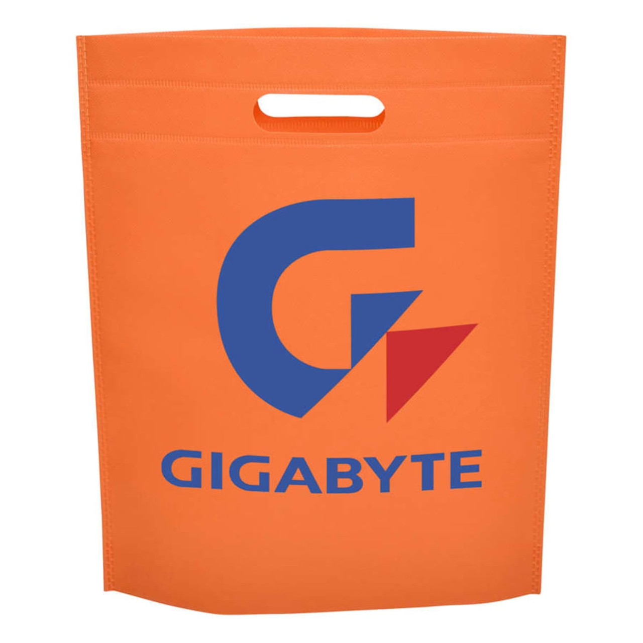 An orange non-woven gift bag featuring a logo on the front and a cut-out handle at the top. An orange non-woven gift bag featuring a logo on the front and a cut-out handle at the top.