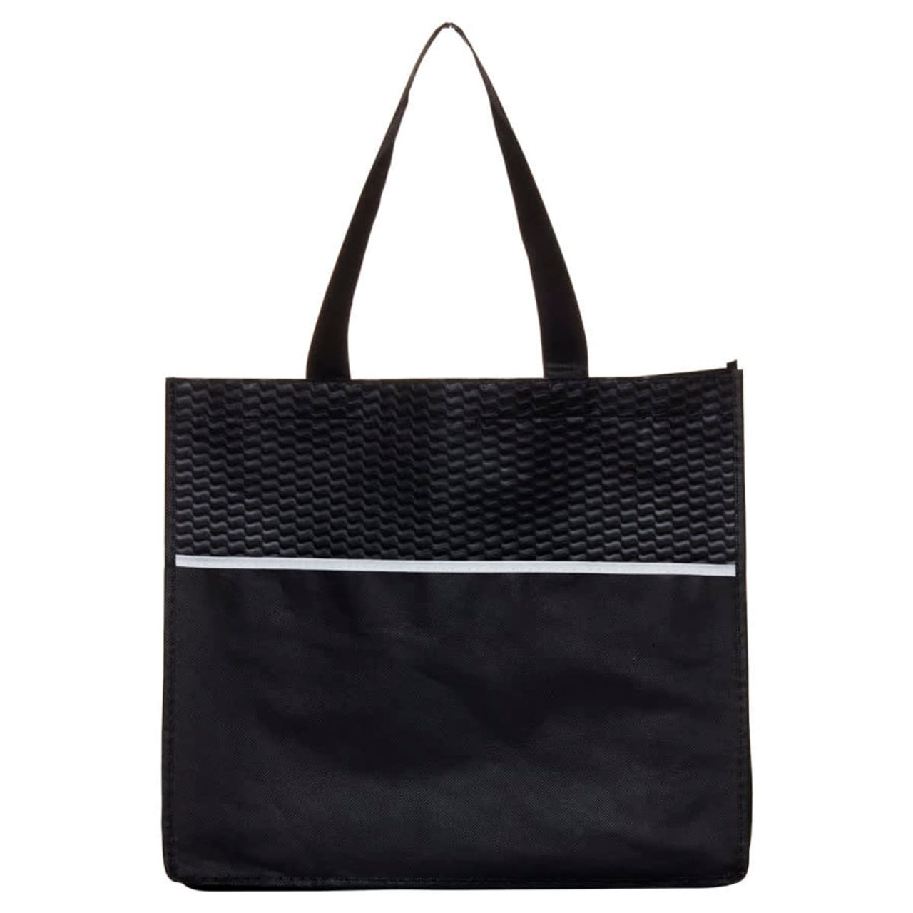 A black shopping tote bag with textured detailing and a reflective stripe, featuring two sturdy handles.