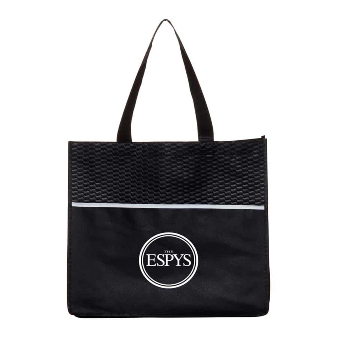 A black shopping tote bag featuring a textured upper and a circular logo at the centre.