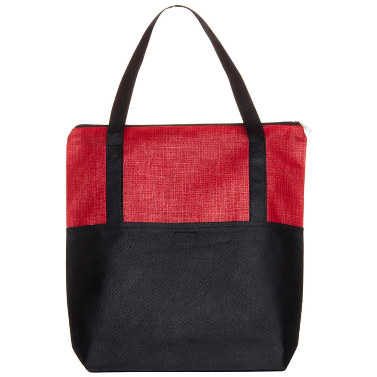 A tote bag featuring a red crosshatch design on top and a black bottom, with sturdy black handles and a zipper.