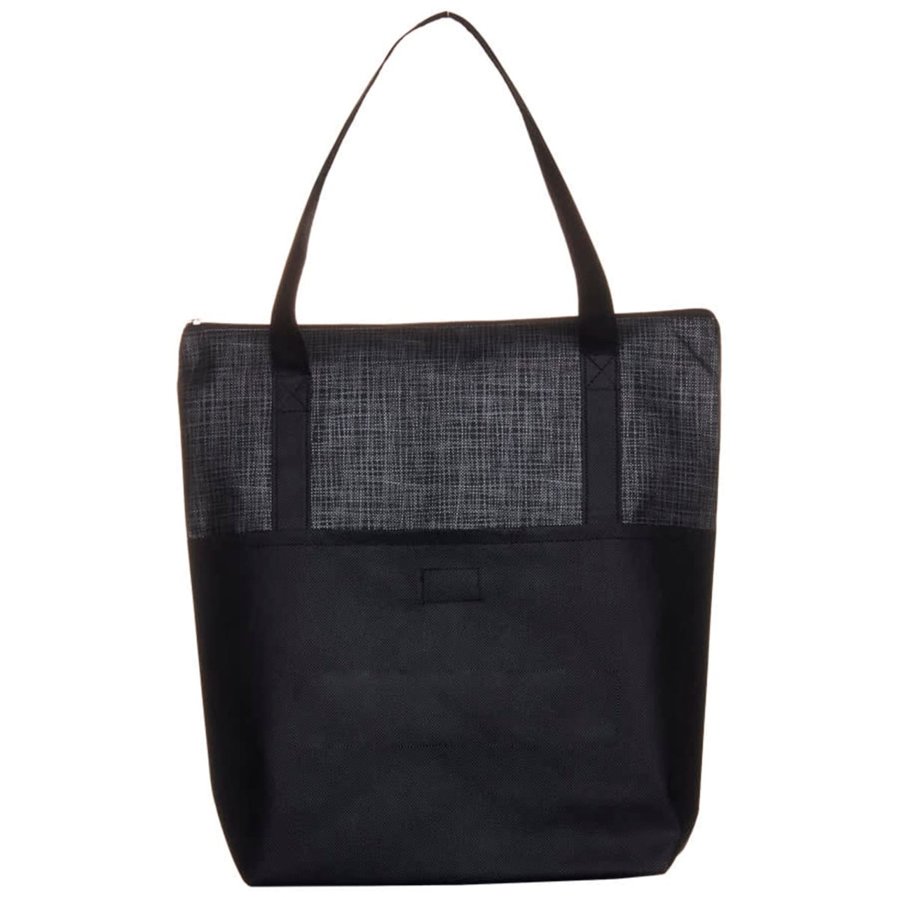 A black tote bag with a textured grey upper section and sturdy black handles, featuring a logo on the side.