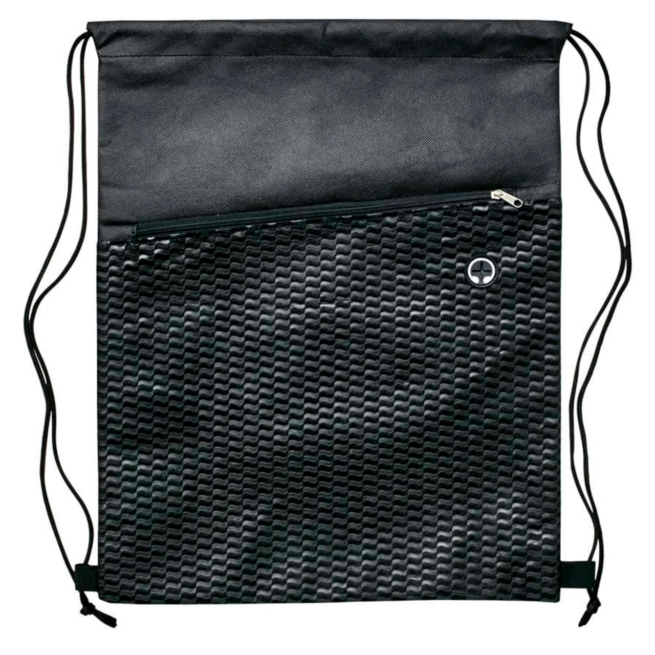 A black drawstring bag features a textured pattern and a zippered pocket, with a logo on the front.
