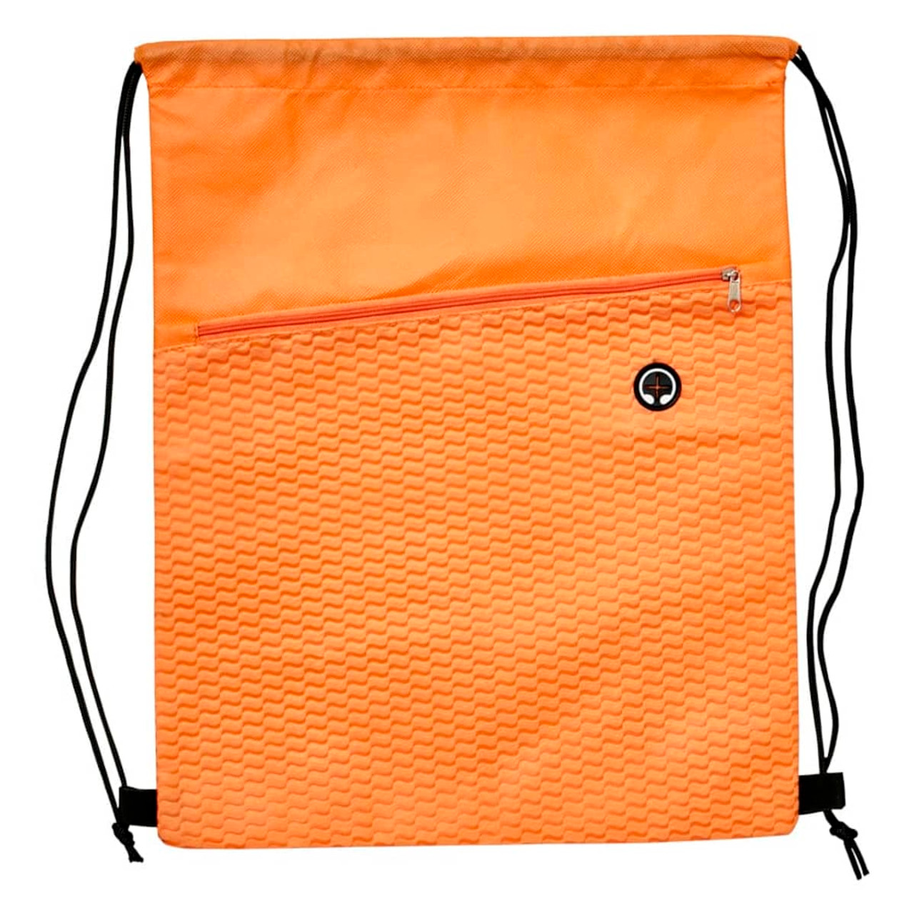 An orange drawstring bag with a textured design and a front zip pocket, featuring a small logo.