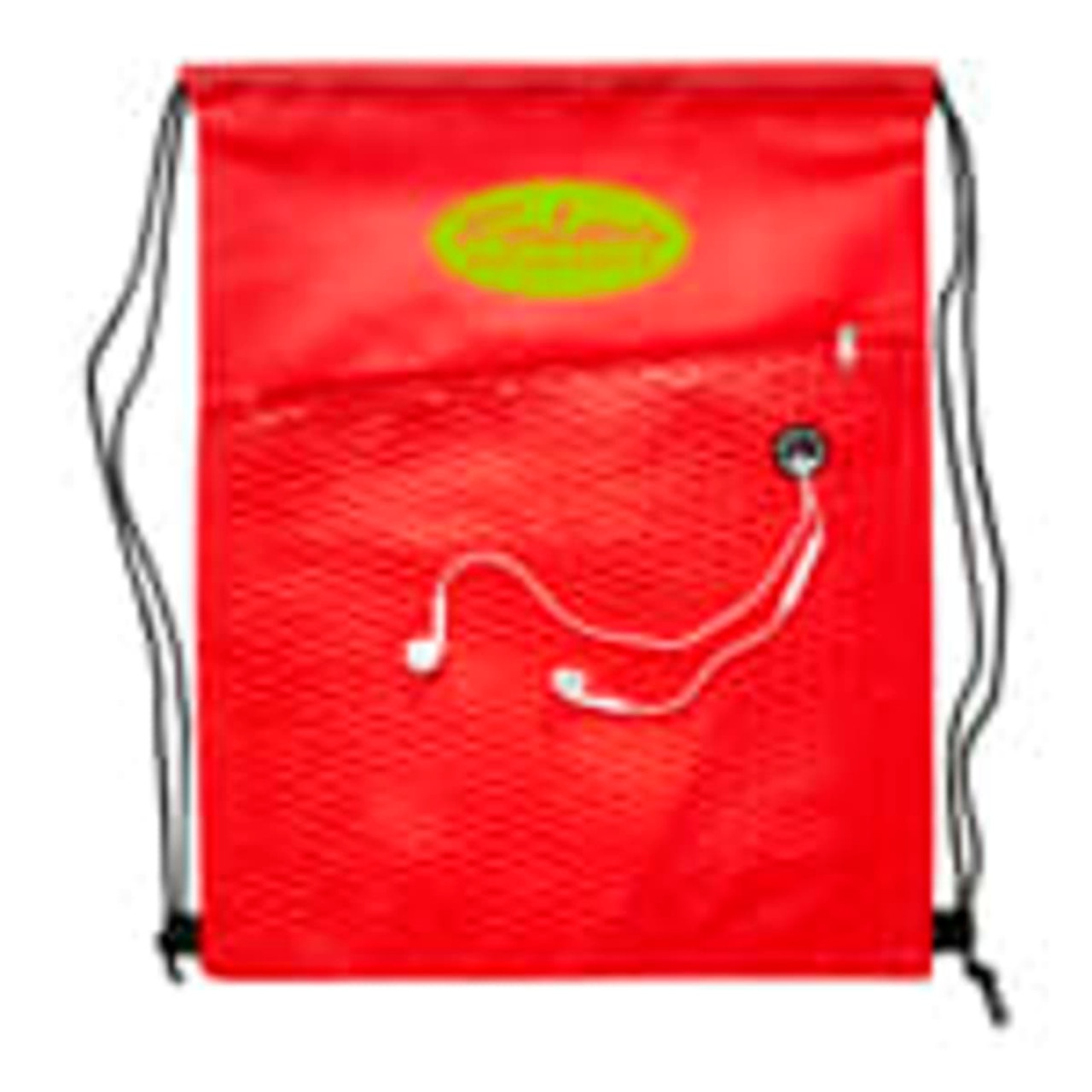 A red drawstring bag with a mesh pocket and a black cord. It features a logo on the front.