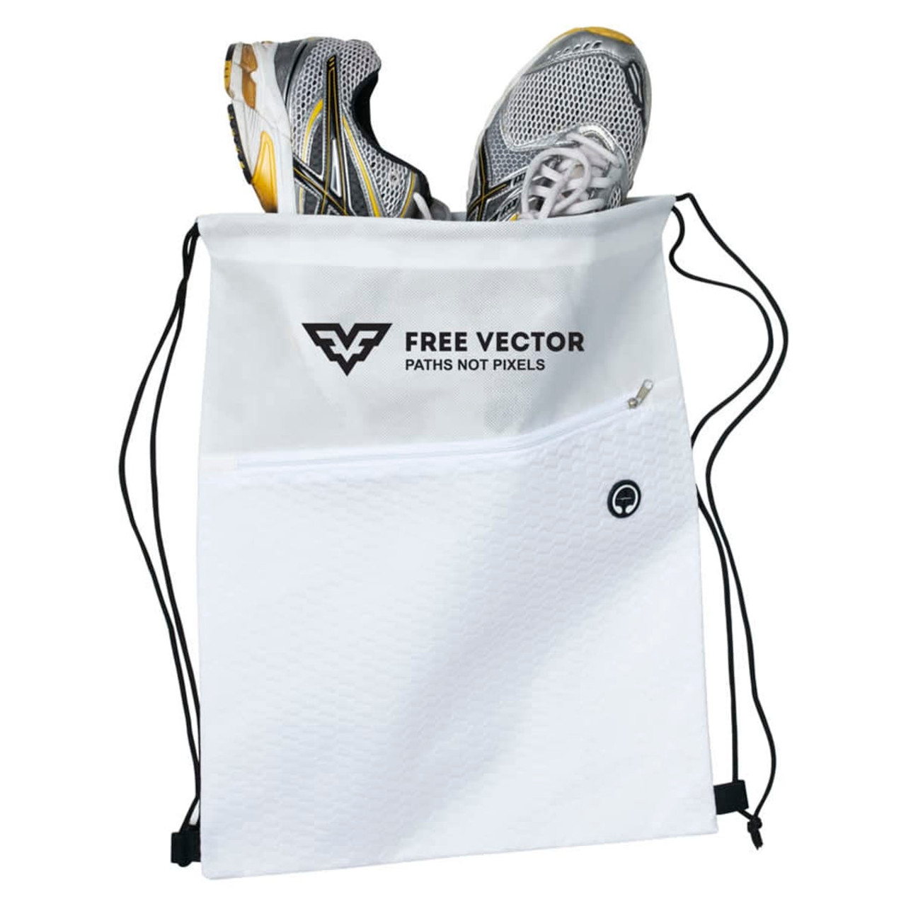 A white drawstring bag containing a pair of grey and yellow sports shoes, featuring a logo and a zip pocket.