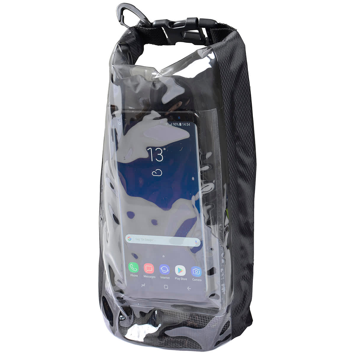A 2.5L dry bag in transparent black material with a secure closure, featuring a logo and a smartphone inside.