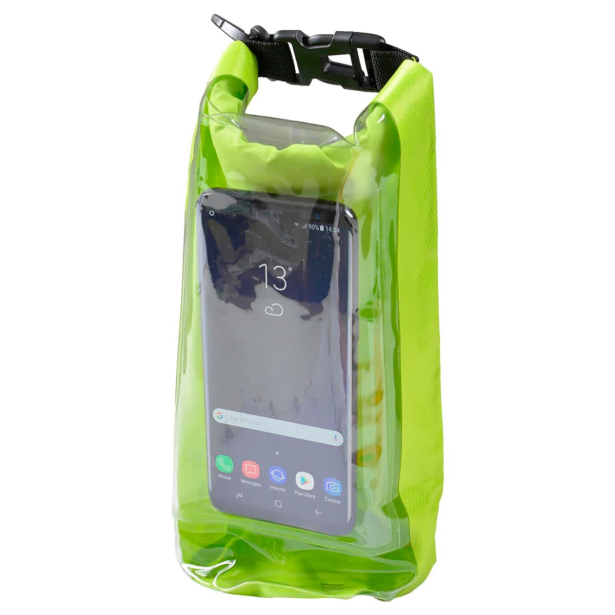 A bright green 2.5L dry bag with a transparent panel featuring a smartphone inside and a black strap for closure.