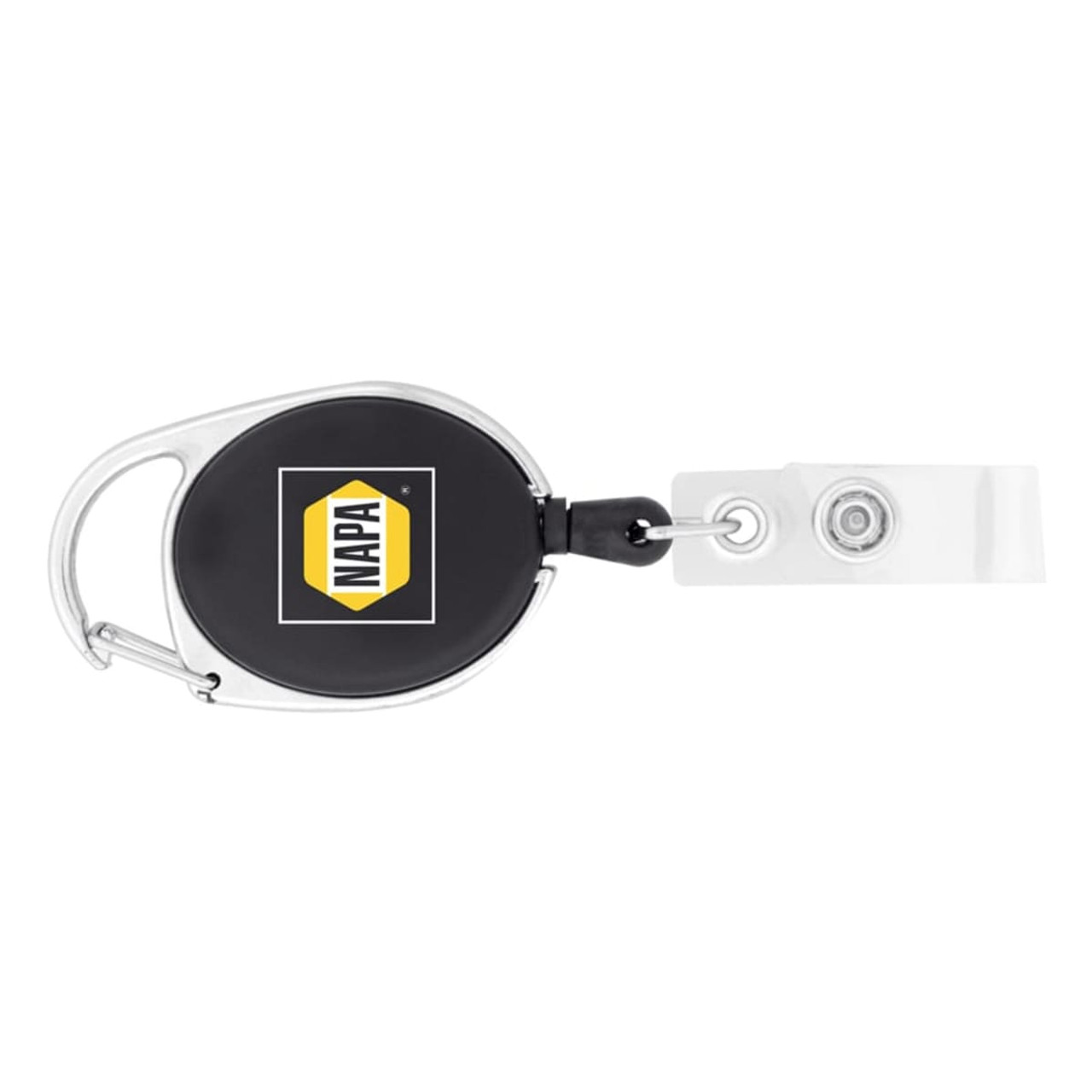 A retractable badge holder with a black casing, silver clip, and transparent strap, featuring a logo.