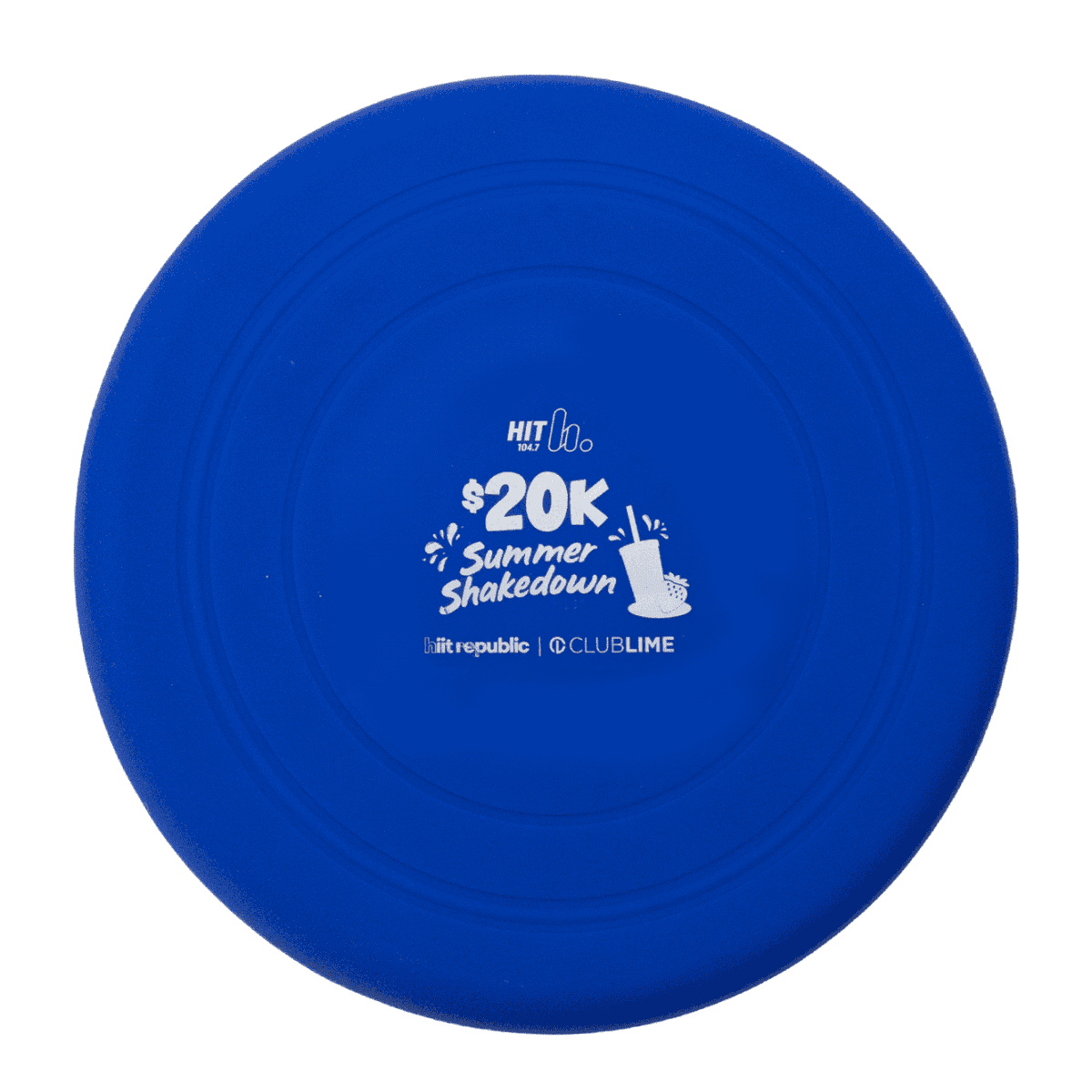 A blue silicon frisbee featuring a logo and promotional text in the centre.