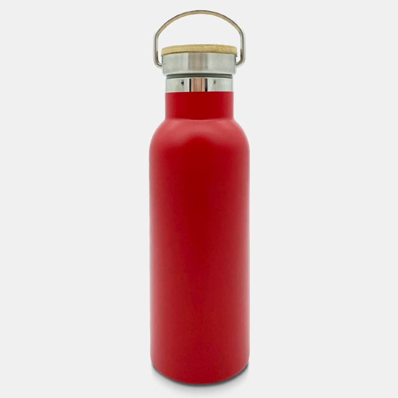 A drink bottle featuring a sleek red design with a stainless steel cap and a wooden handle.